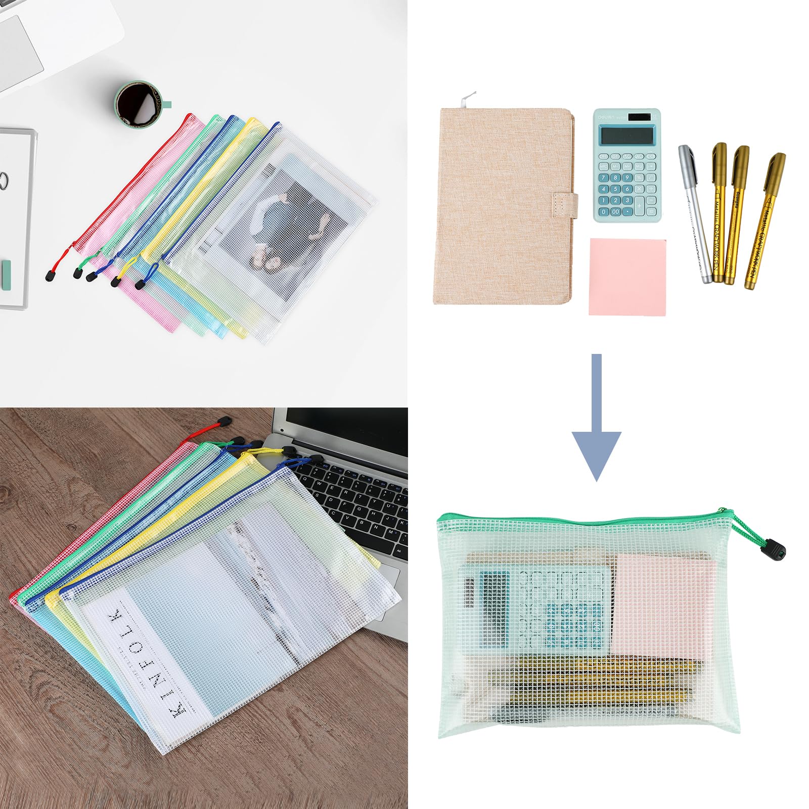 Pochette Document A4+A5+A6, 15 Pièces (5 de Chaque Taille), Document Dossier Pochette, Pochette Plastique Zippée pour Documents, Papier, Cosmétiques, pour l'École, le Bureau et les Devoirs