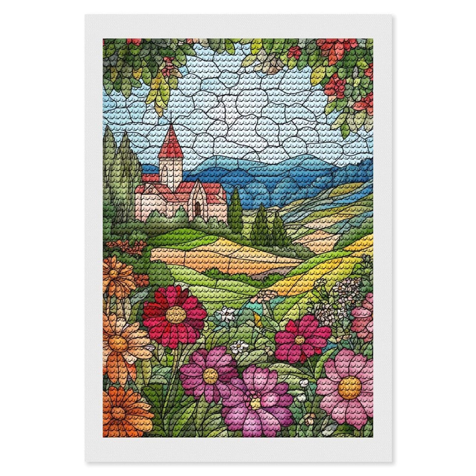 Junmoney Stained Glass Countryside Diamond Painting Canvas Set 8"x12", for Women, Mindful Craft Activity, Cosy Home Accent, Festive Craft Gift