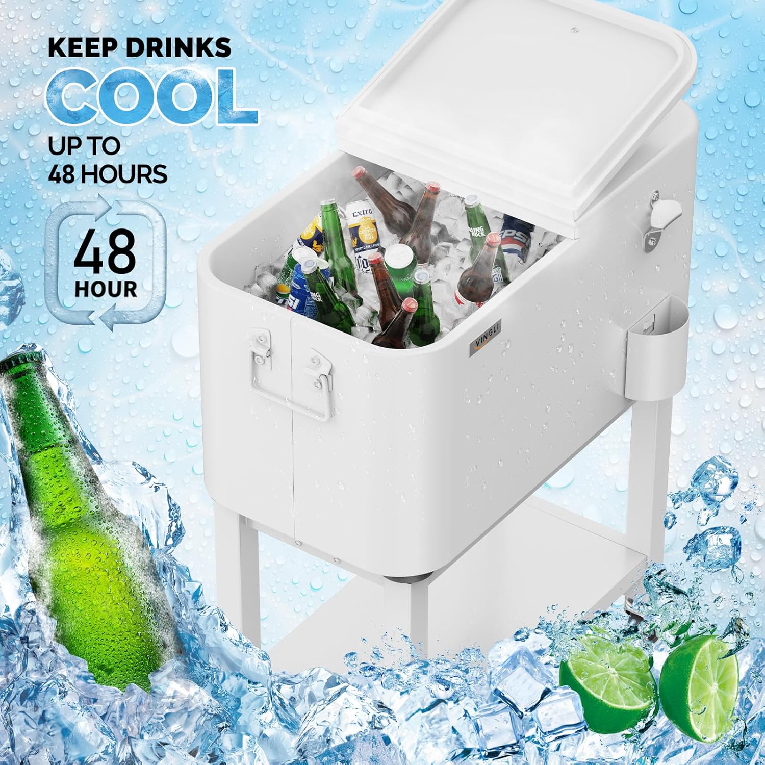 VINGLI Patio Cooler, Rolling Ice Chest on Wheels, Portable Patio Party Bar Drink Cooler Cart, with Shelf, Beverage Pool with Bottle Opener,Water Pipe