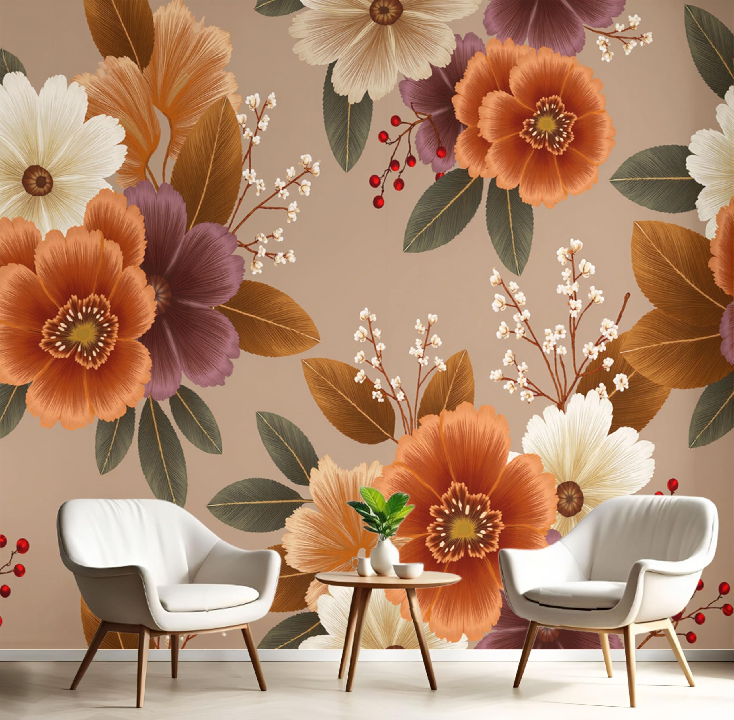 Papier peint panoramique motif fleurs et feuilles orange style rétro