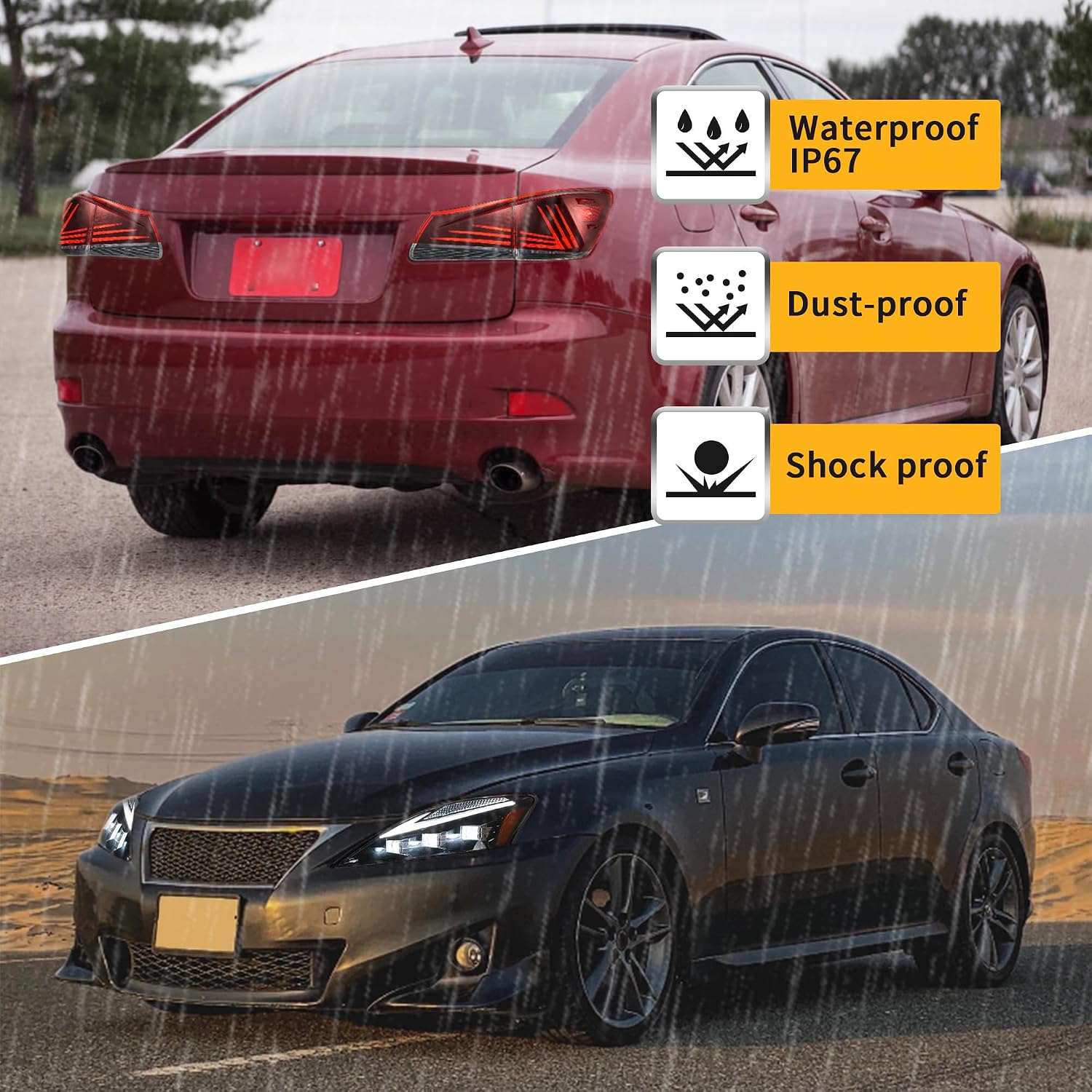 VLAND Led Front and Rear Lights Compatible with Lexus IS250/IS350 2006-2012 w/Animation& Blue Breathing w/Swichback (Amber Headlights+RedTaillights)