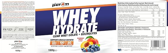 Per4m Whey Hydrate | 23g Whey Isolate & Aquamin Electrolytes | Muscle Growth & Hydration | Clear, Refreshing & Low in Sugar | 60 Serving (1.8kg, Blueberry Peach)