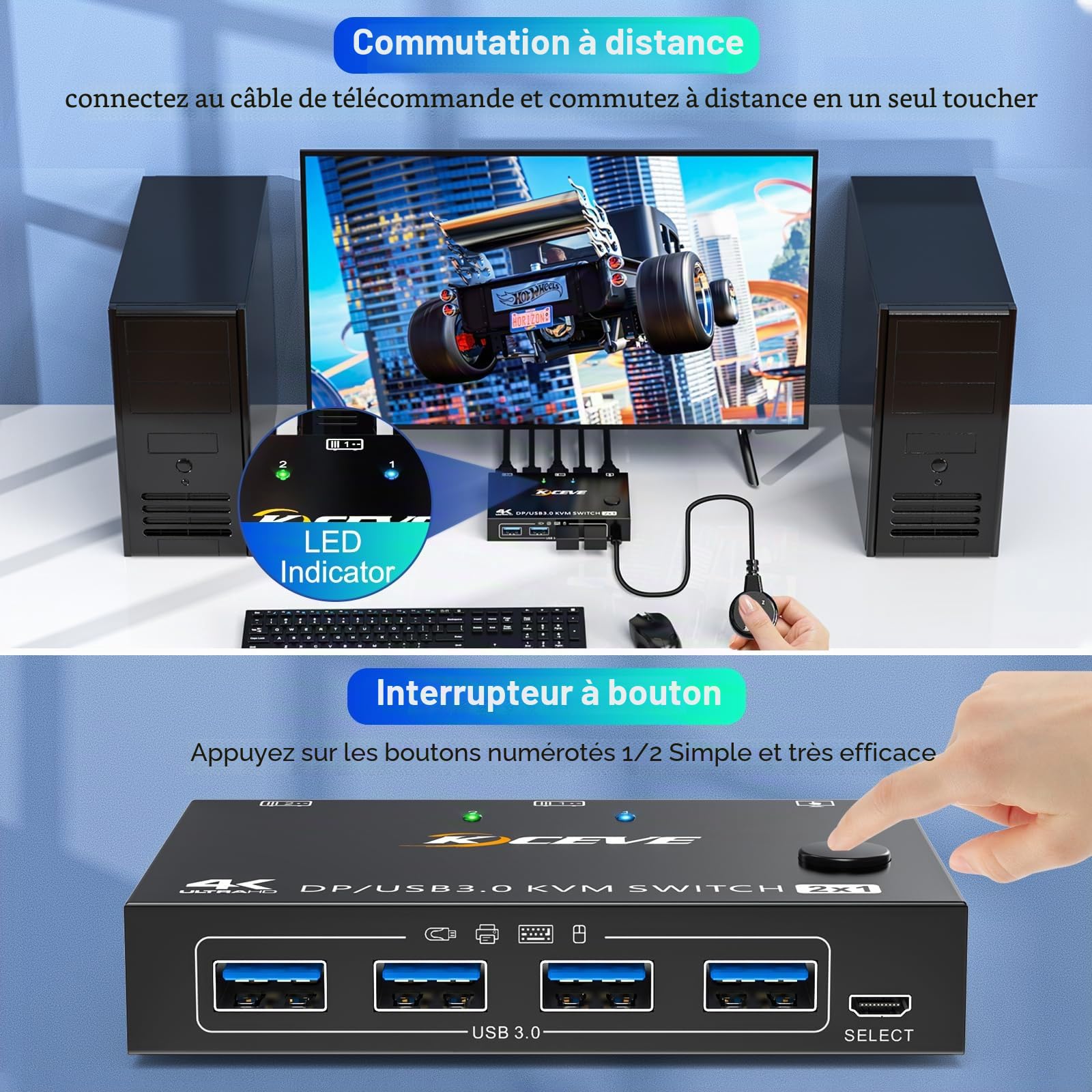 Commutateur KVM USB 3.0 Displayport 2 ports 8K à 30 Hz 4K à 144 Hz, commutateur KVM 2 PC 1 moniteur prenant en charge DP1.4 compatible avec D1.2, avec 4 ports USB 3.0 pour claviers et souris, etc.