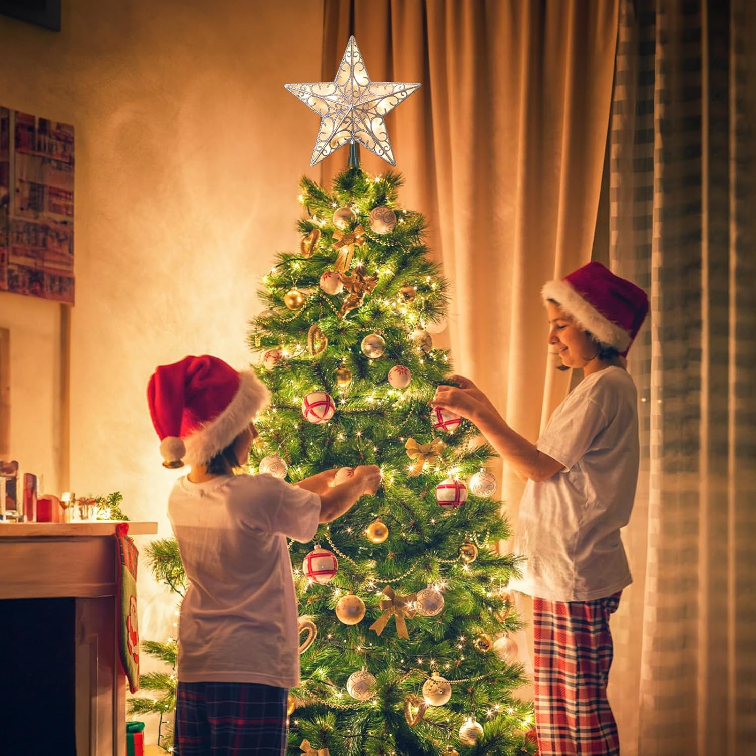 Christmas Star Tree Topper, Plug in Sliver Glittered 3D Star Tree Topper, Metal Hollow Designed Built-in 10 Bulbs String Lights for Indoor Office Christmas New Year Holiday Tree Decoration - Image 3