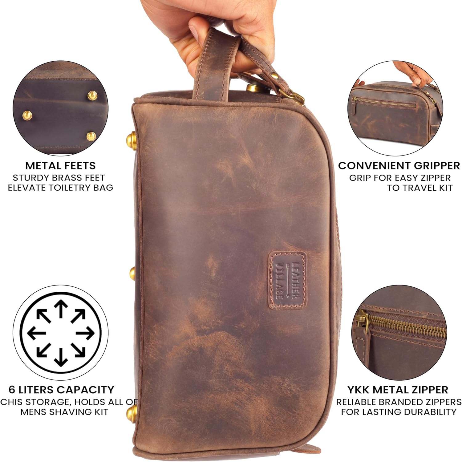 LEATHER VILLAGE Genuine Leather Toiletry Travel Pouch With Waterproof Lining - Brown | King-Size Handcrafted Vintage Dopp Kit Bag, Shaving & Bathroom Organizer, Gift for Men & Women - Image 3