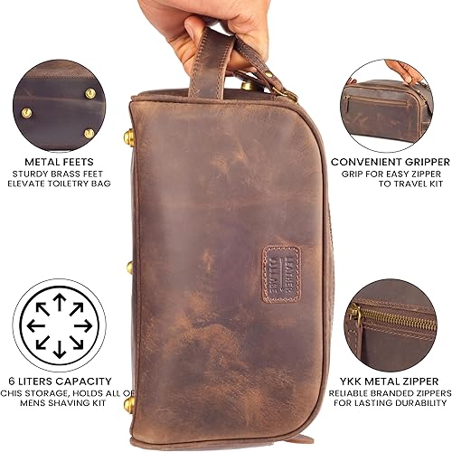 Miniatura 3 de LEATHER VILLAGE Bolsa de viaje para artículos de tocador de cuero premium con forro impermeable | Bolso estilo Dopp vintage hecho a mano de tamaño