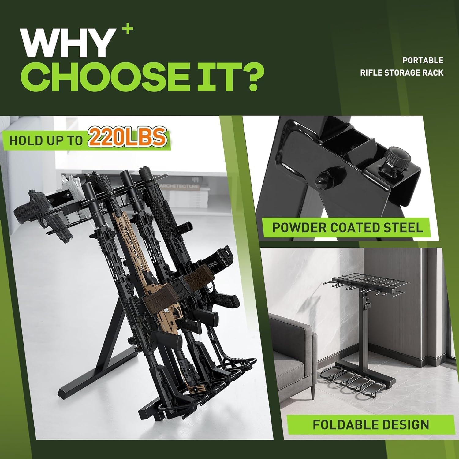 Portable Folding Gun Rack, Heavy Duty Steel Rifle Rack Stand for Shooting & Hunting Range, Holds 4 Rifles & 7 Pistols, Indoor/Outdoor Floor Gun Rack