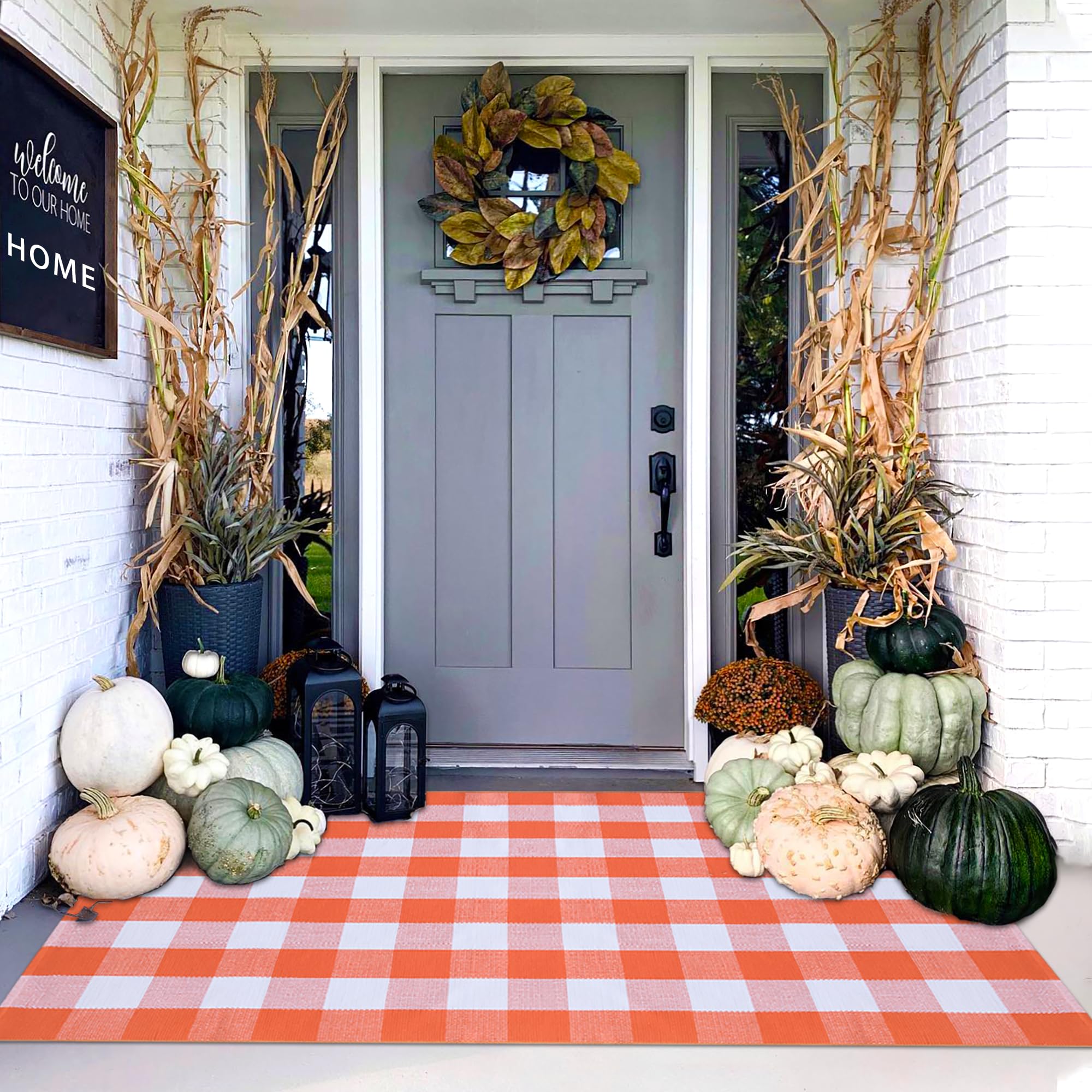 Orange and White Plaid Rug 4 x 6 Fall Outdoor Front Door Decor Mat Cotton Washable Hand-Woven Rug