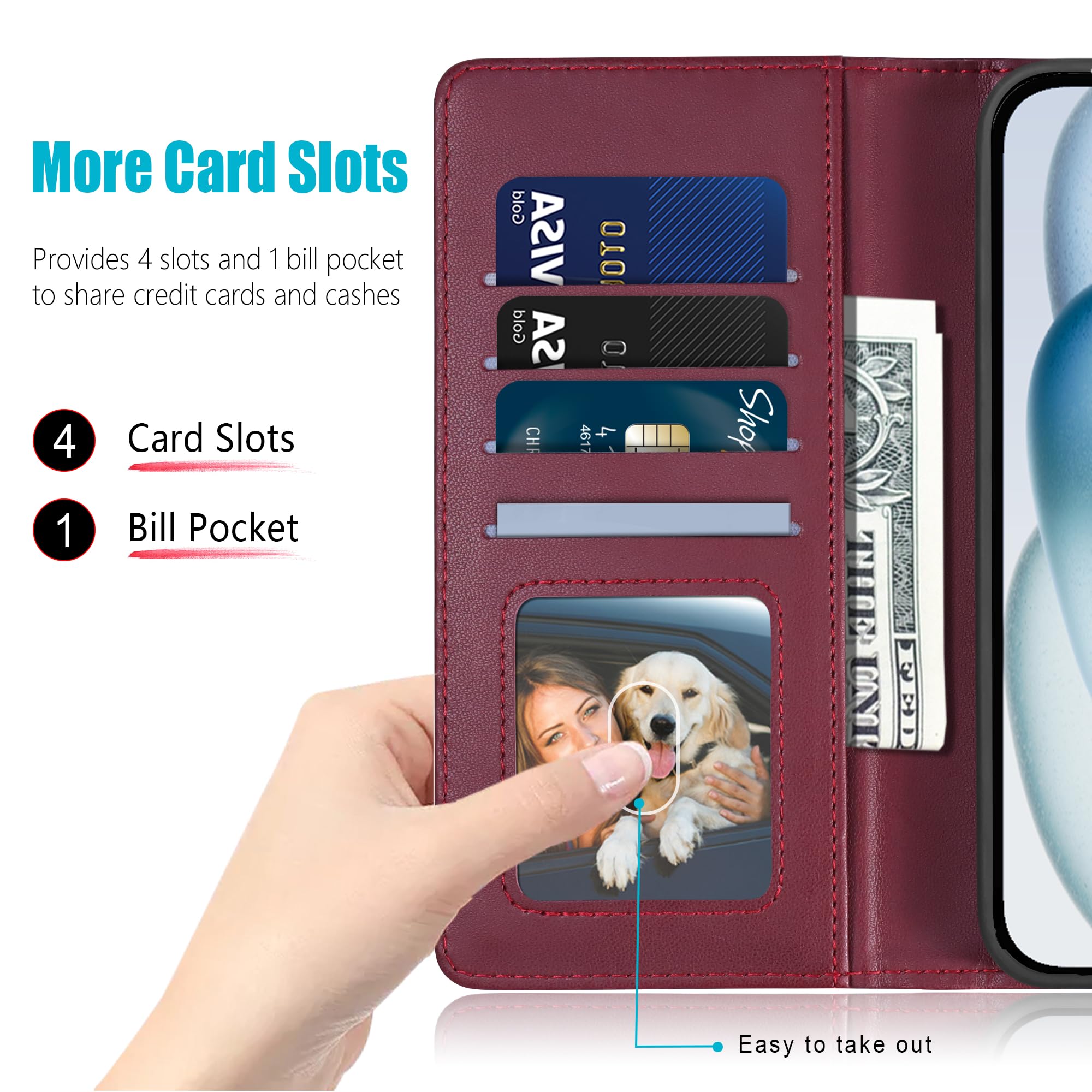 Kuafcase Compatible for Case with 4 Card Slots Magnetic Closure Kickstand Shockproof Protective Phone Case Compatible for - Wine Red - Image 2