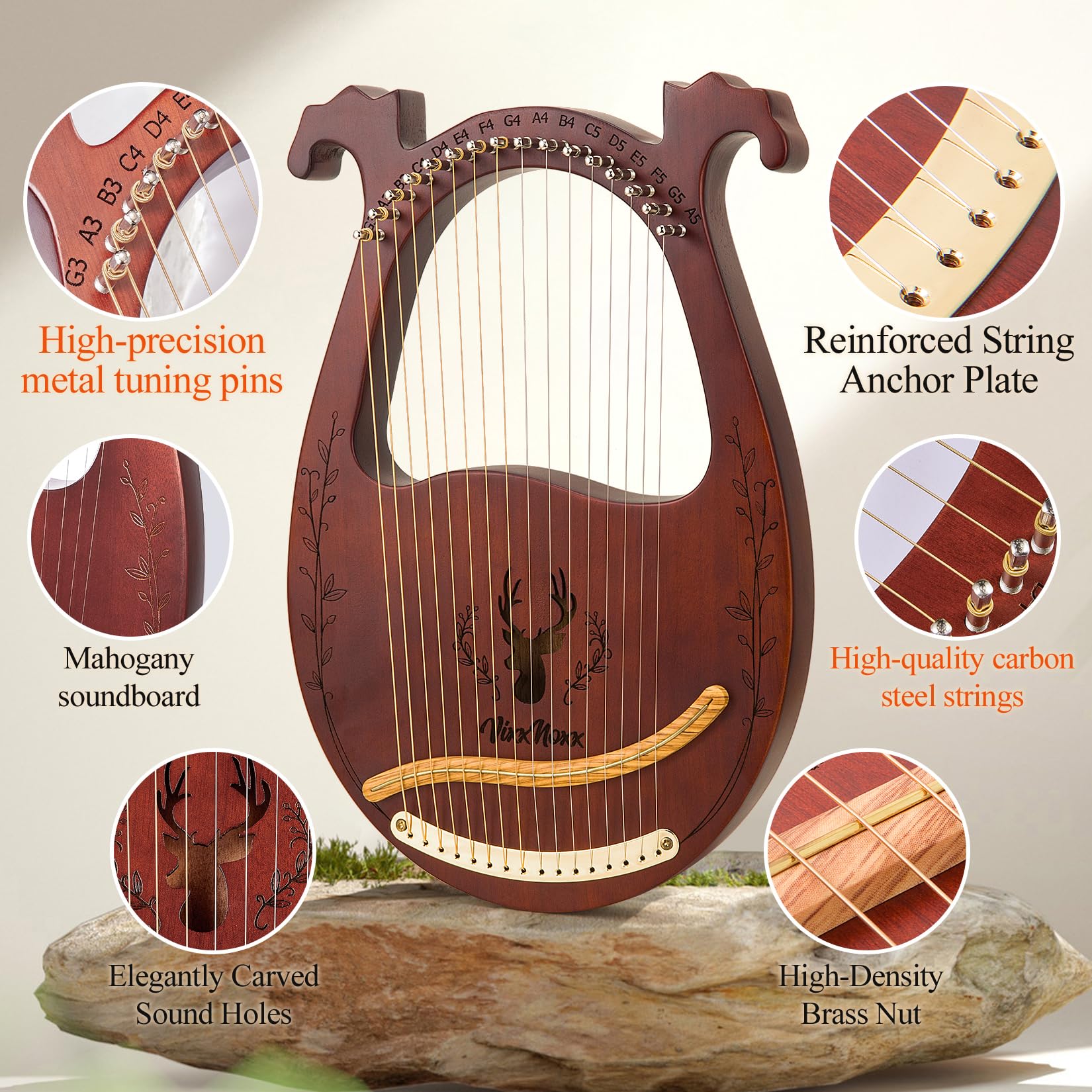 Lyre Harpe 16 cordes en Métal Lyre Instrument de Musique en Acajou avec Clé d'accordage Cordes de Rechange Livre de Musique en Englais Portable Sac, Harp pour Adultes Enfants Débutants