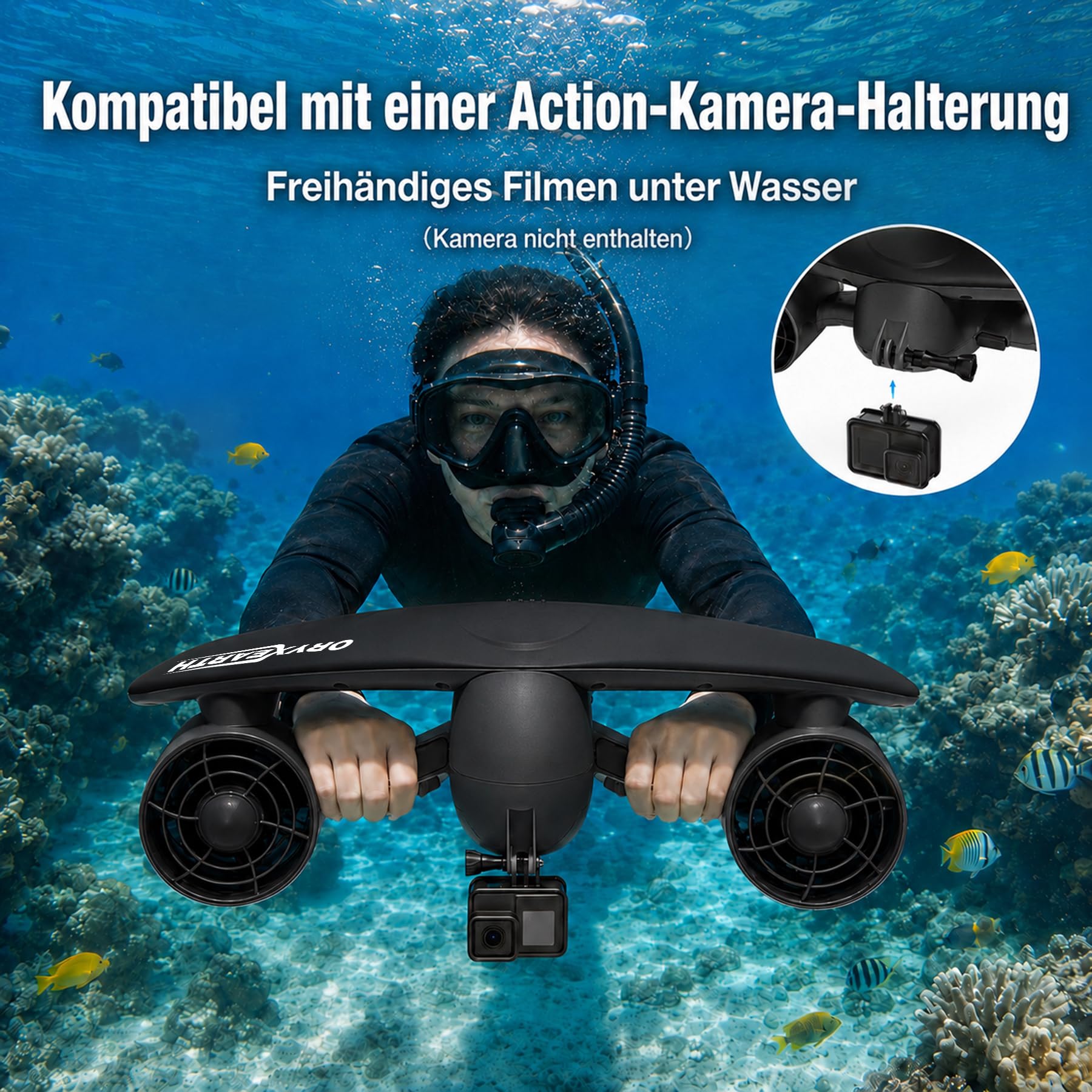 Oryxearth Doble Motor Scooter Submarino, 50 m, profundidad, 2 velocidades ajustables, soporte para cámara de acción, alerta de batería baja, scooter marino impermeable con seguridad infantil para