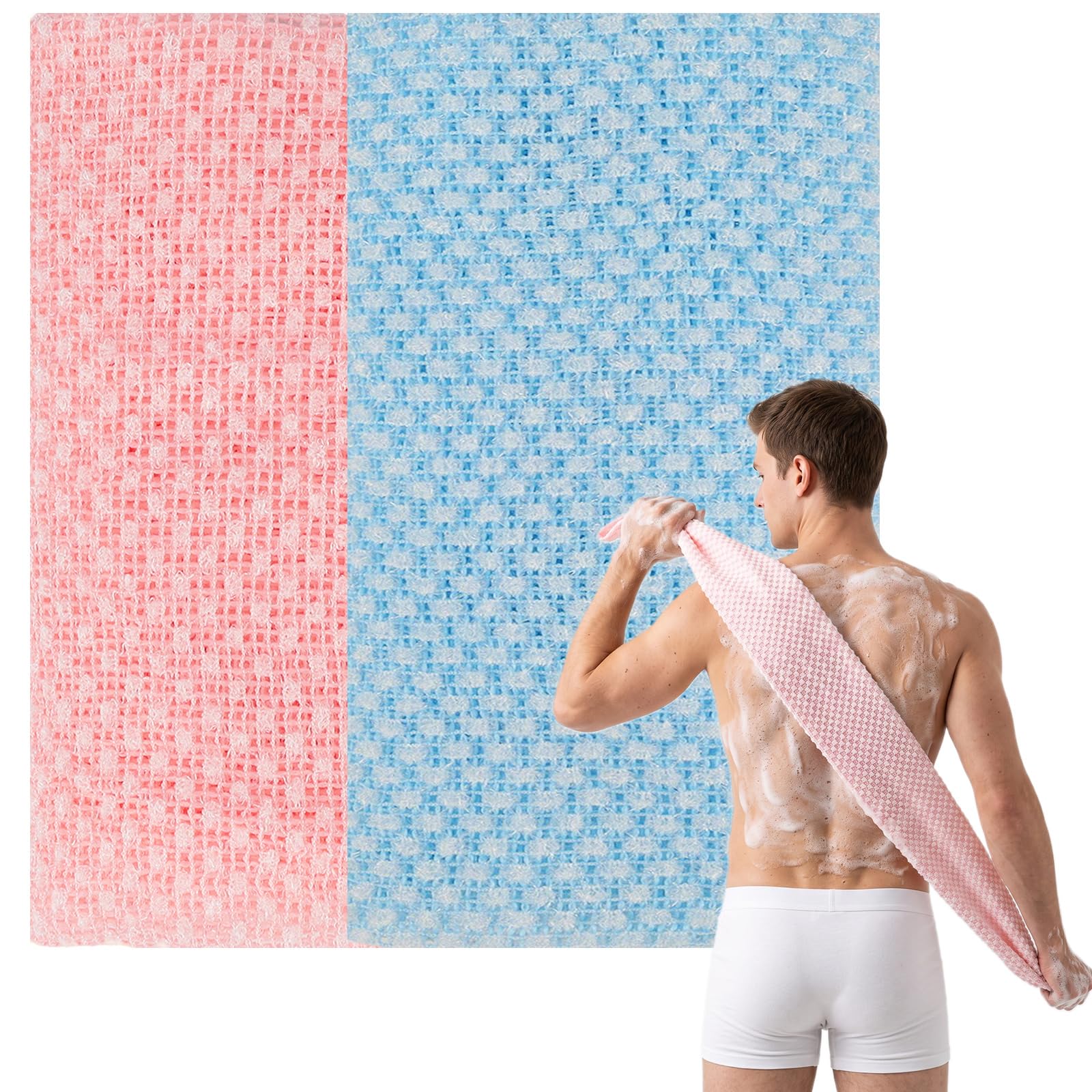 CMANLNYK 2Pcs Japanese Exfoliating Shower Towel - Deep Exfoliating Back Scrub Gentle on Sensitive Skin, 3D Weaving Technique Shower Towel, Effective Exfoliation for Soft & Smooth Skin (Pink & Blue)