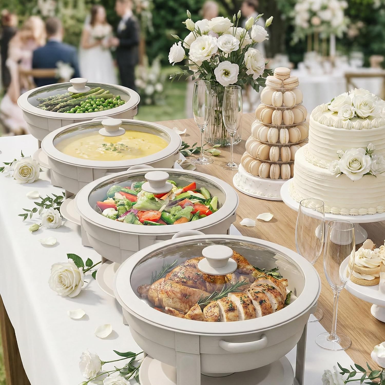 6QT Round Chafing Dish Set of 4, White Granite Finish Stainless Steel with Transparent Lids – Elegant Buffet Servers & Warmers, Stackable Storage | Wedding, Catering, Party - Image 2