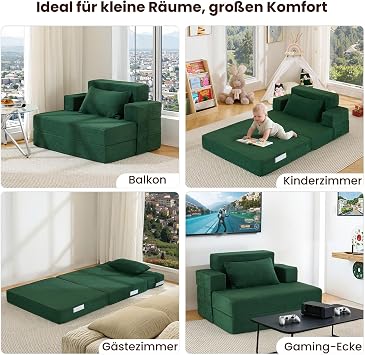4-in-1 Sofa Bed 100 x 200 cm - Sleeping Chair with Bed Function Folding Sofa Bed with Integrated Back Cushion & Separate Pillow Washable Cover Dark Green