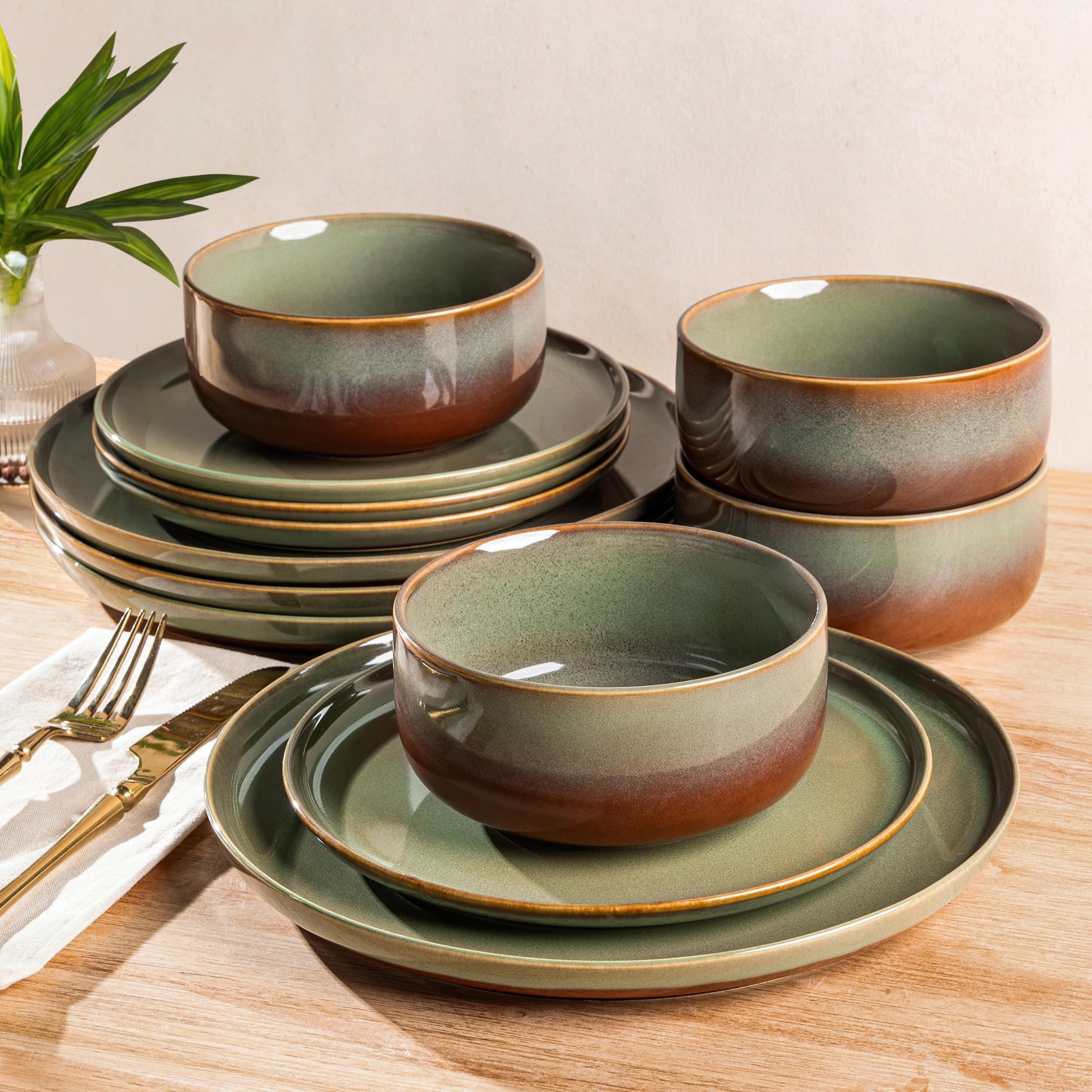 Ceramic Dinnerware Set for 4, 12-Piece Plates and Bowls Set | Handmade Reactive Glaze Dish Set, Scratch Resistant, Oven &amp; Microwave &amp; Dishwasher Safe, Sage Umber