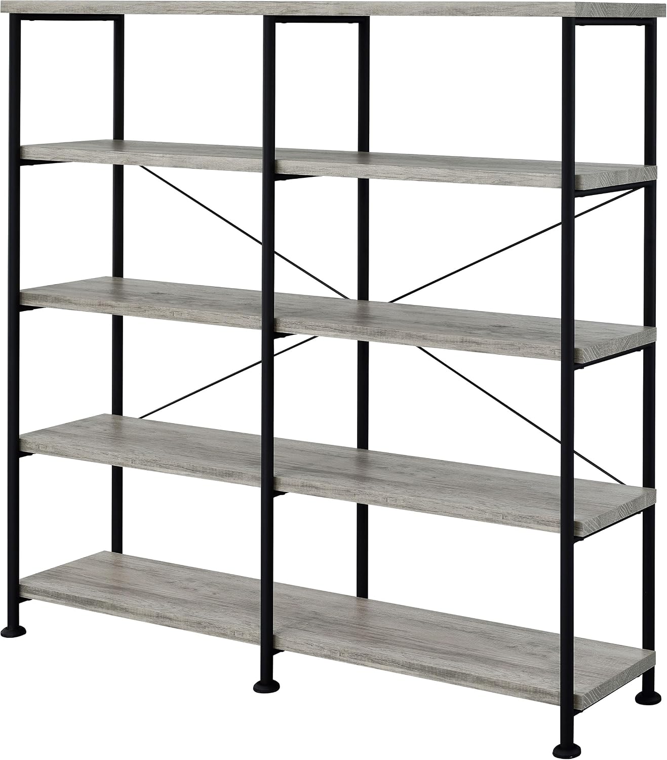 Coaster Home Furnishings Analiese Rustic Industrial 4-Tier Double Bookcase Etagere Bookshelf Office Storage Book Shelf Engineered Eco-Friendly Wood Laminate Sturdy Black Steel Grey Driftwood 801544