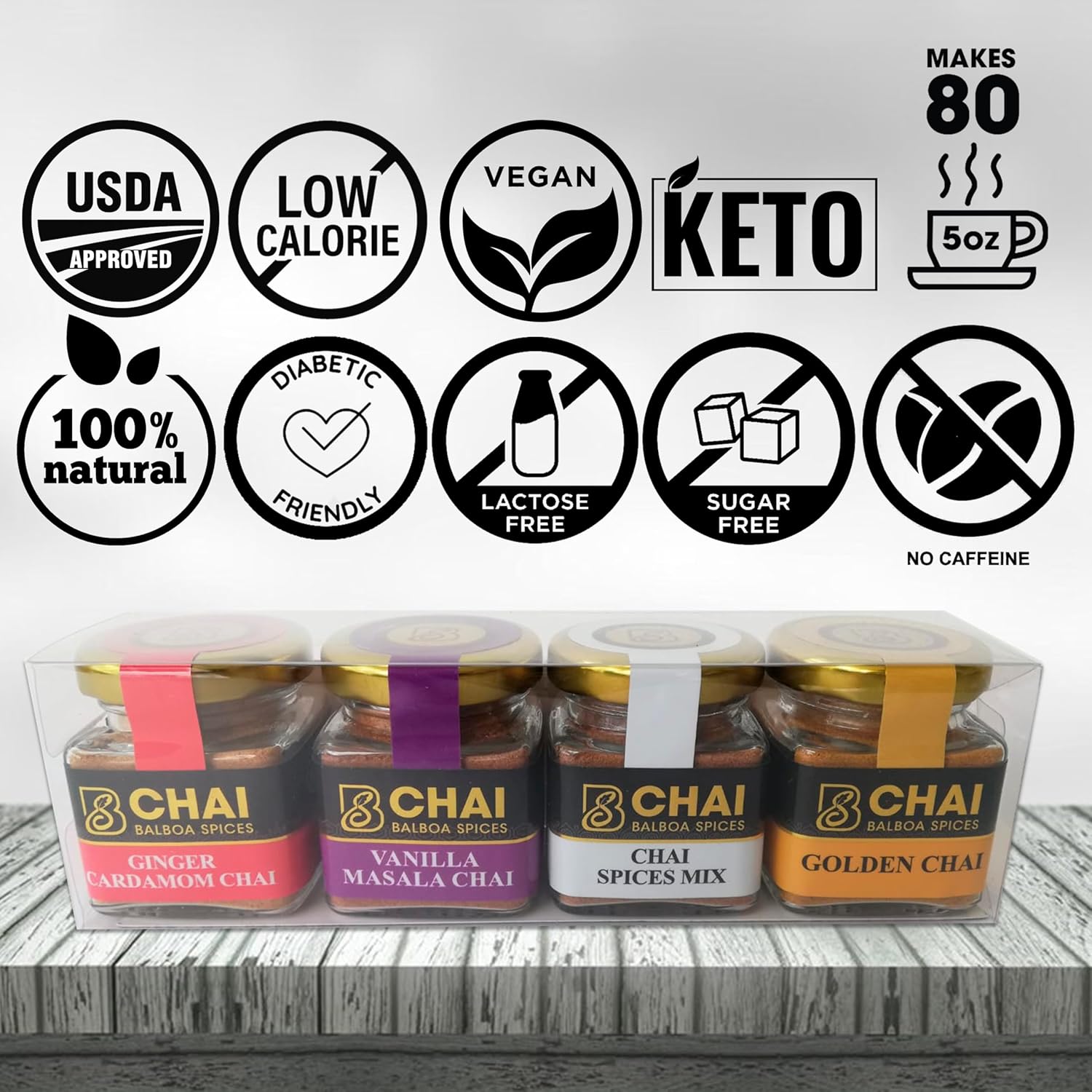 Balboa Spices Premium Chai Kit – 80 Cups – Classic Masala Chai – Sugar Free, Caffeine Free, Dairy Free – Vegan Keto Natural Powder – 4 Flavors in Glass Jars – Healthy Gift & Travel Set
