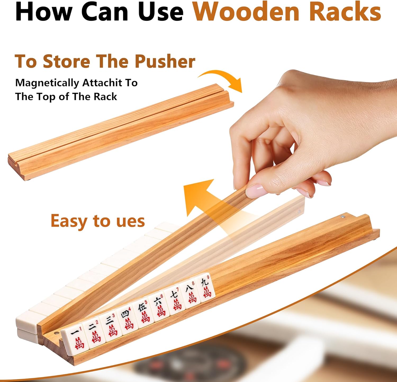 4 Pack Mahjong Racks Set with Detachable Magnetic Pushers,1.2in/1.4in American Mahjong Tile Racks,Wood Mahjong Racks with Pushers，Mahjong Pushers