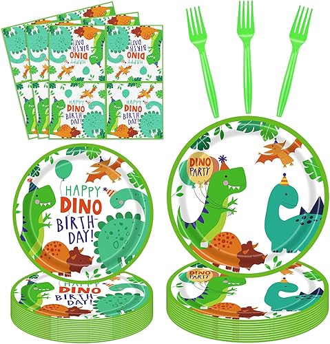 Juego de 160 platos para fiesta de cumpleaños de dinosaurio, platos de feliz cumpleaños, platos, servilletas de dinosaurio T-Rex para decoración de
