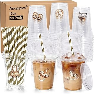 50 Set A Baby Is Brewing Baby Shower Decorations, Coffee Theme 12oz Plastic Cups with Lids Straws Stickers, Cafe Baby Disposable Beverage Cups for Coffee Themed Birthday Baby Shower Party Supplies