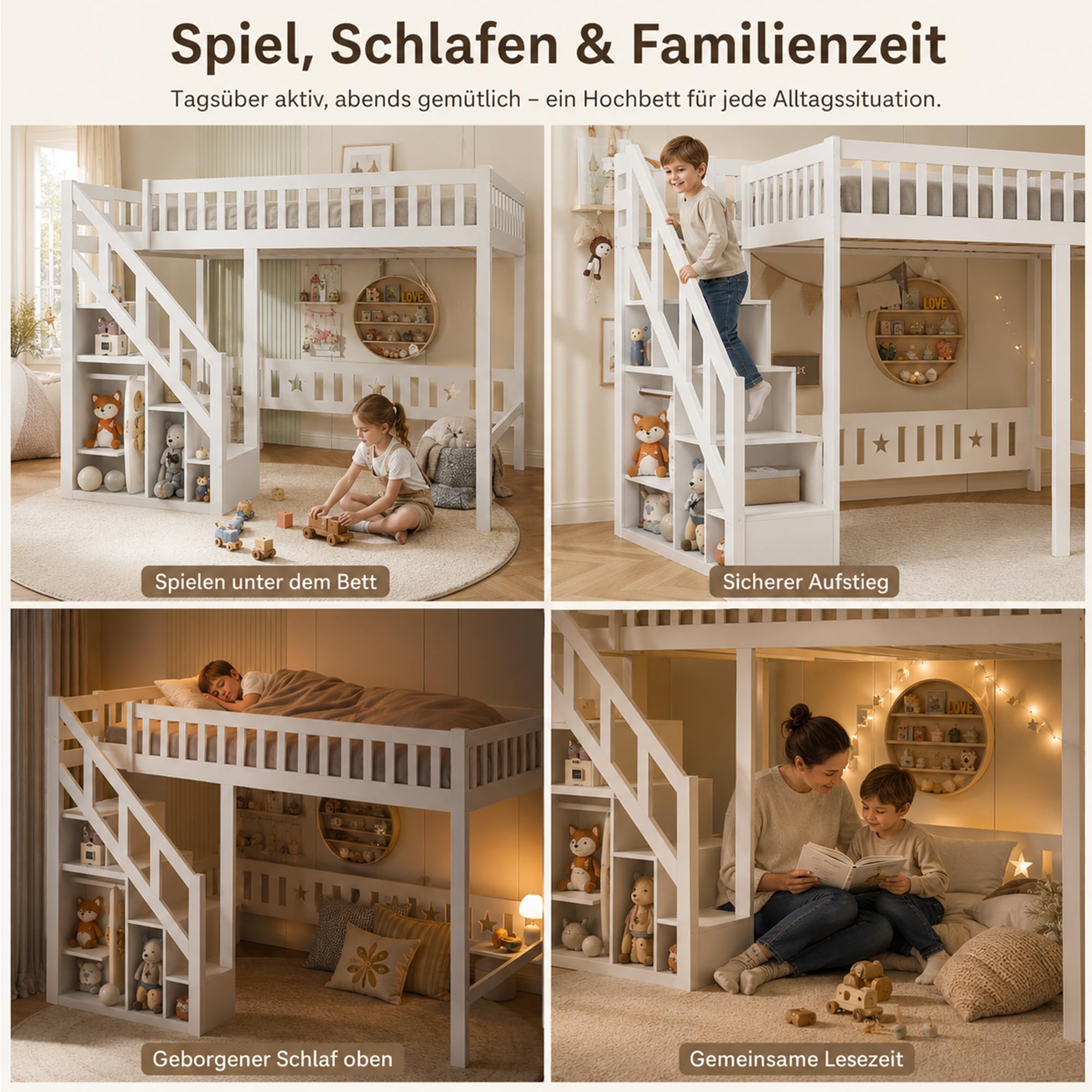 DULRLLY Lit Double Mezzanine 140x200 cm, Lit Superposé Enfant avec Escaliers de Rangement et Barrière de Sécurité, Sommier à Lattes en Bois, Lit Hauteur pour 2 Enfant, Garçon et Fille, Blanc