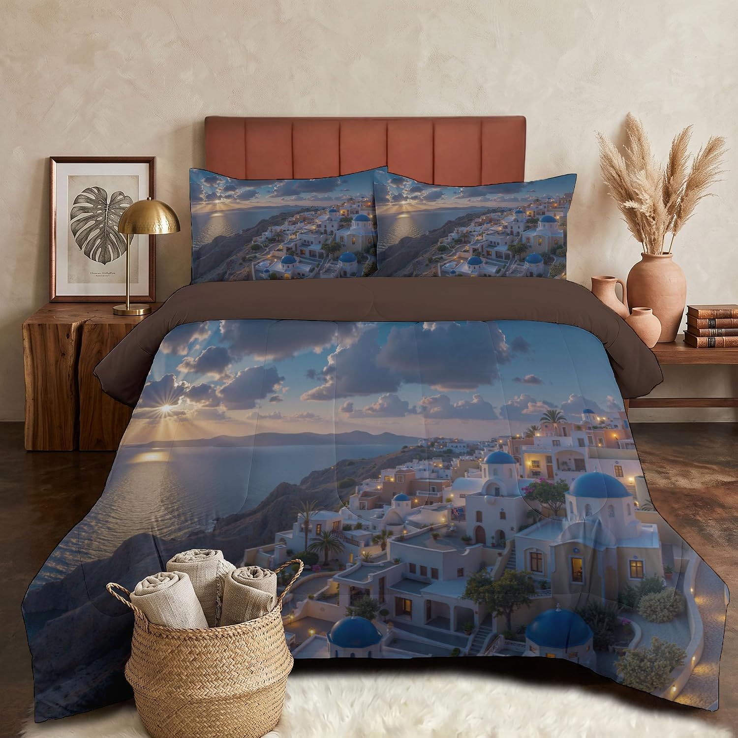 3 Piece Quilts Full Size Bedding Set, Blue Lightweight Bedspread, Soft Microfiber, Island Architecture Pattern for All Season Bed Coverlet with 2 Pillow Shams, 79"X90"