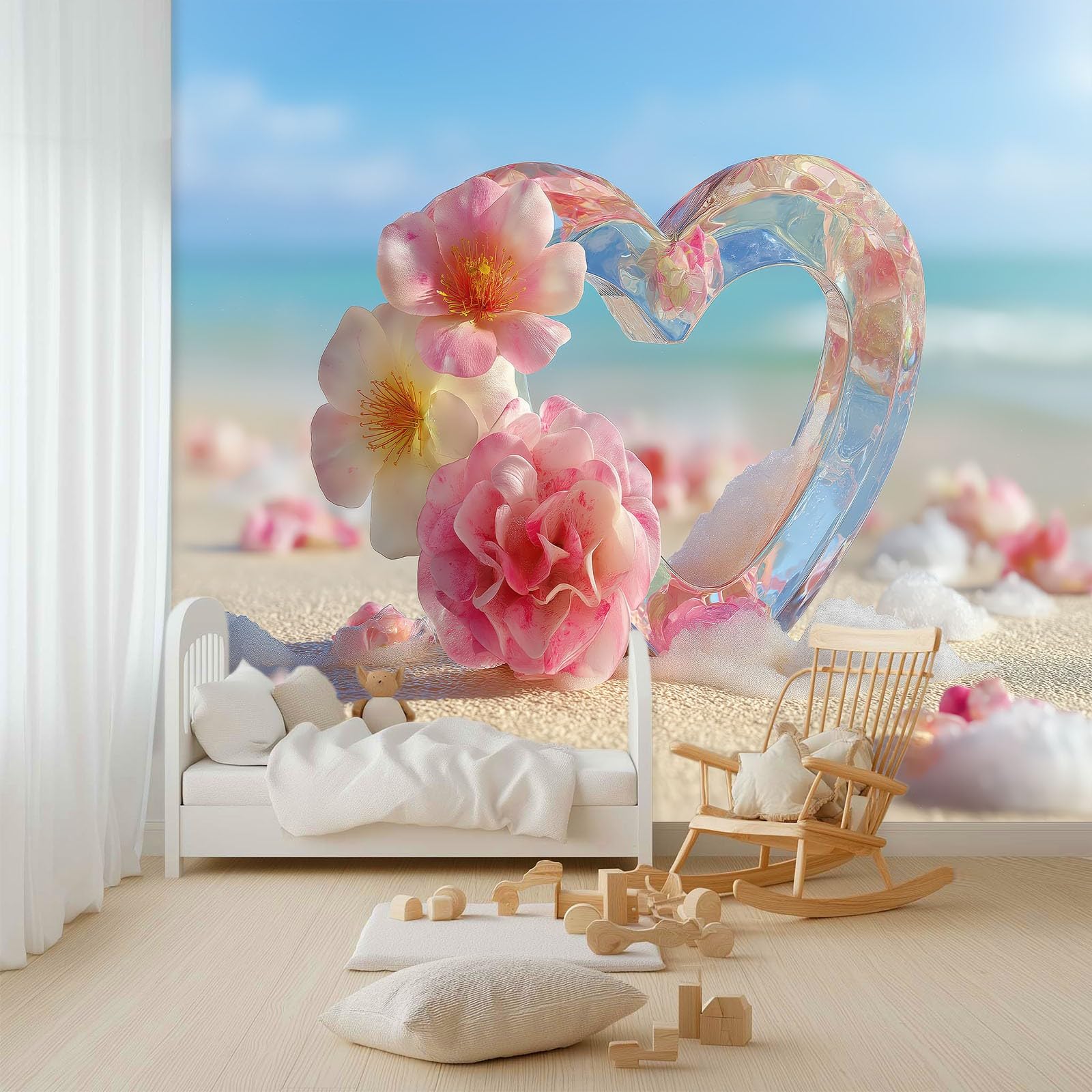 Générique Panoramiczna tapeta marzycielski ocean kwiaty serce 3D 300 x 210 cm, nowoczesna włóknina XXL dekoracja ścienna salon sypialnia biuro pokój dziecięcy, niebieska