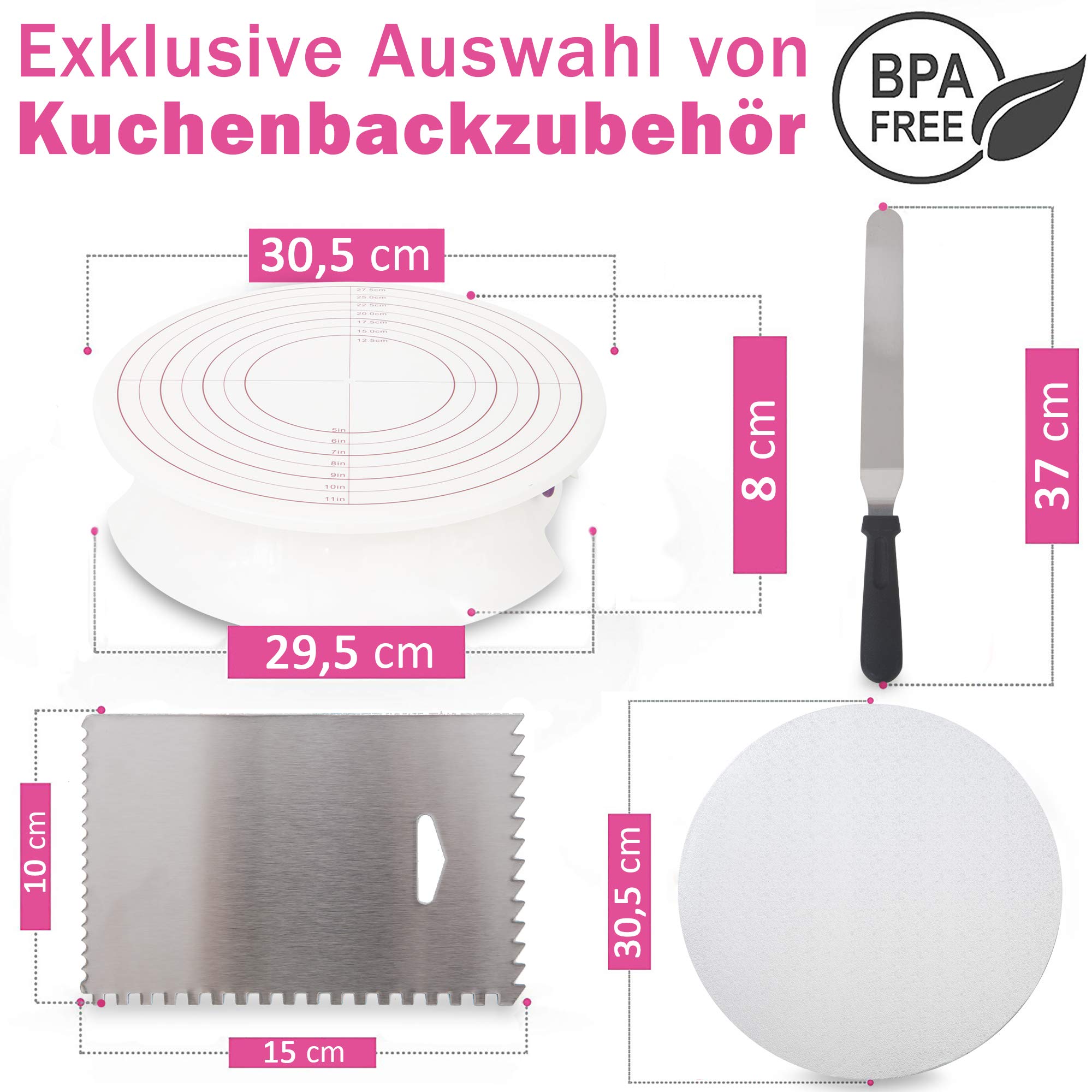 Piatto girevole per torte MoNiRo - alzata girevole con piatto da 30 cm e accessori professionali per dolci con fondente - spatola angolare in acciaio inox + smoother per la realizzazione di torte