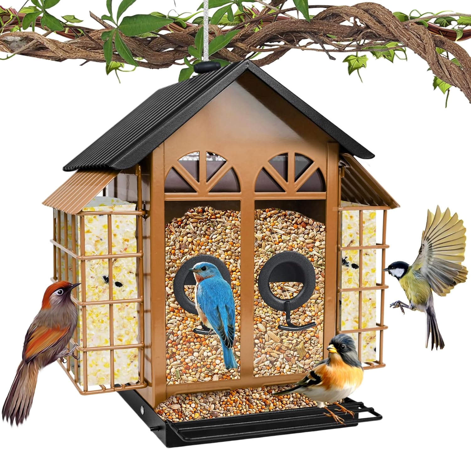 TayePin Bird Feeders for Outdoors Hanging, Metal Wild Bird Feeders with Double Suet Cage, 4LBS Large Capacity for Outside Garden Waterproof, ldeal Gifts for Birds Feeding Finch Cardinal, Brown
