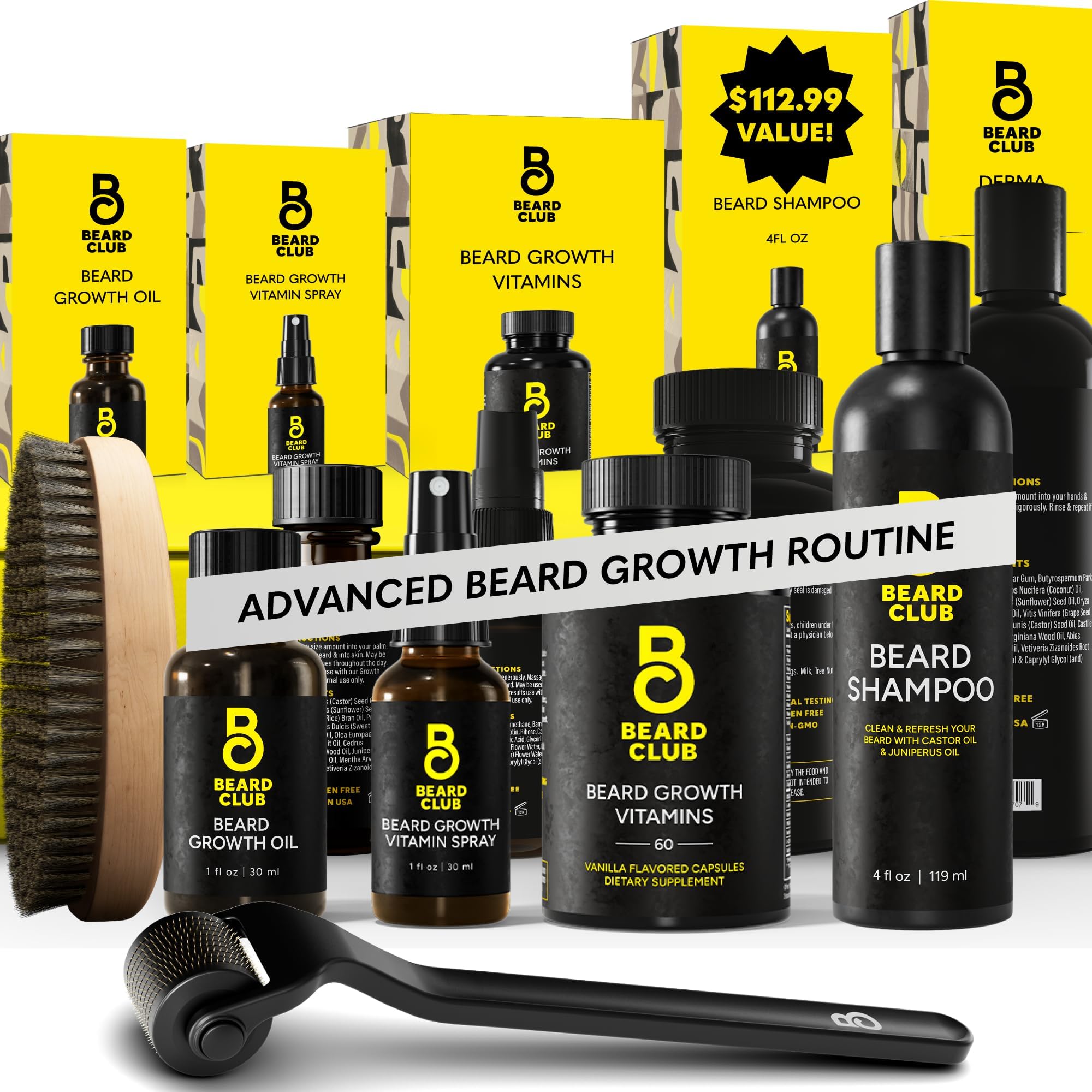 Advanced Beard Growth Kit - Derma Roller, Growth Oil, Vitamins and Vitamin Spray, Shampoo and Boar Bristle Brush - Gift Set - Cedar