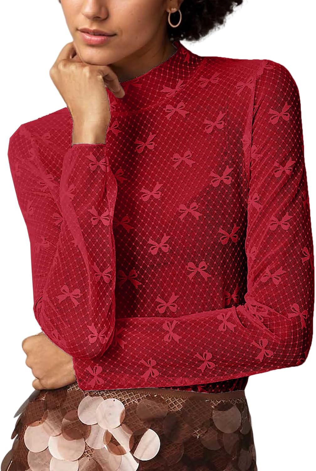 Lace Long Sleeve Tops for Women Mock Neck Sexy See Through Sheer Top Mesh Lace Undershirt Blouse Going Out Tops - Image 5