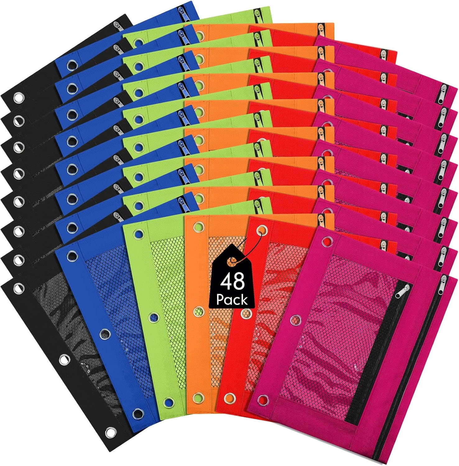 Leelosp 48 Pack Pencil Pouch for 3 Ring Binder Mesh Zipper Pencil Case Bags Binder Pouches Bulk for School Writing Utensils Storage Supplies (Bright Colors)