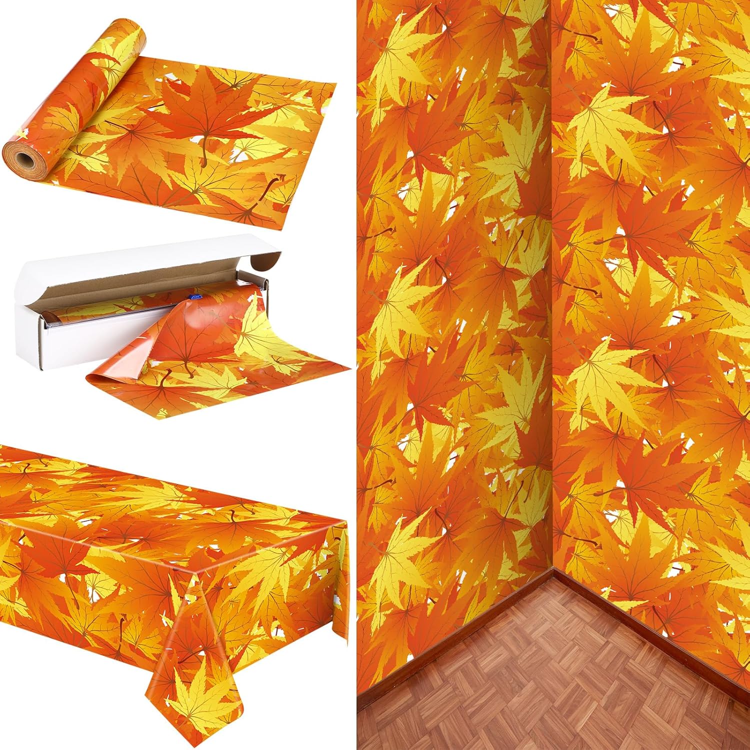 Tudomro 54 Inch x 100 ft Thanksgiving Tablecloth Roll, Fall Party Supplies, Waterproof Plastic Autumn Leaves Tablecloth Disposable Table Cover for Birthday Party Decorations(Fall)