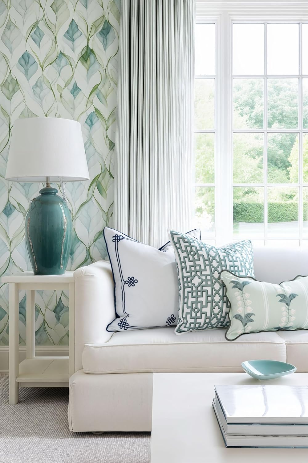 Hofdeco Premium Coastal Hampton Patio Indoor Outdoor Lumbar Pillow Cover Only, 12"x20" Water Repellent for Backyard, Couch, Poolside, Pale Forest Green Print Watercolor Striped Lily of The Valley