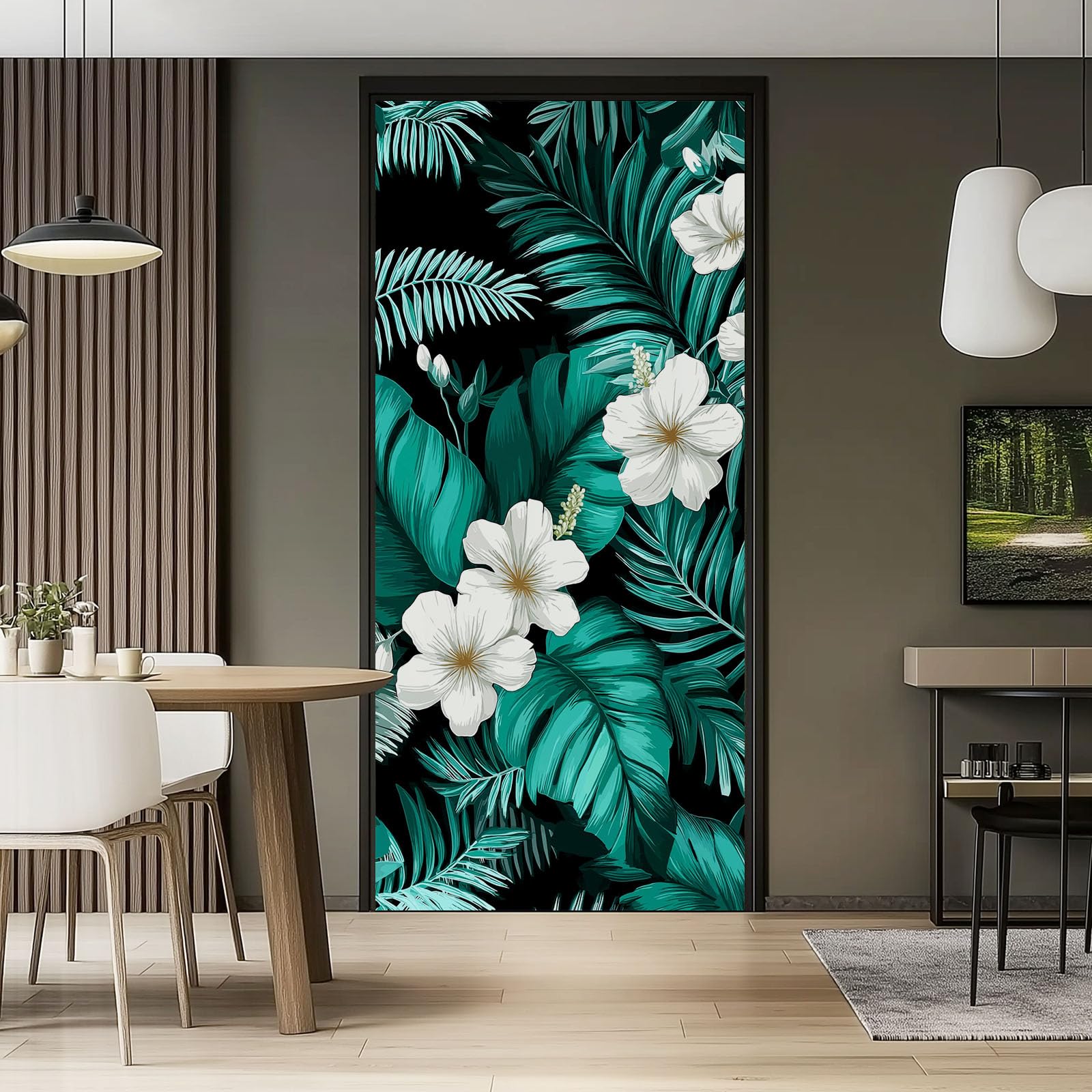 Czarno-niebieska roślina kwiaty folia na drzwi, plakat na drzwi, plakat 80 x 210 cm – wodoszczelna, zdejmowana naklejka na drzwi PCW, wzór tropikalnych liści, samoprzylepna naklejka ścienna do