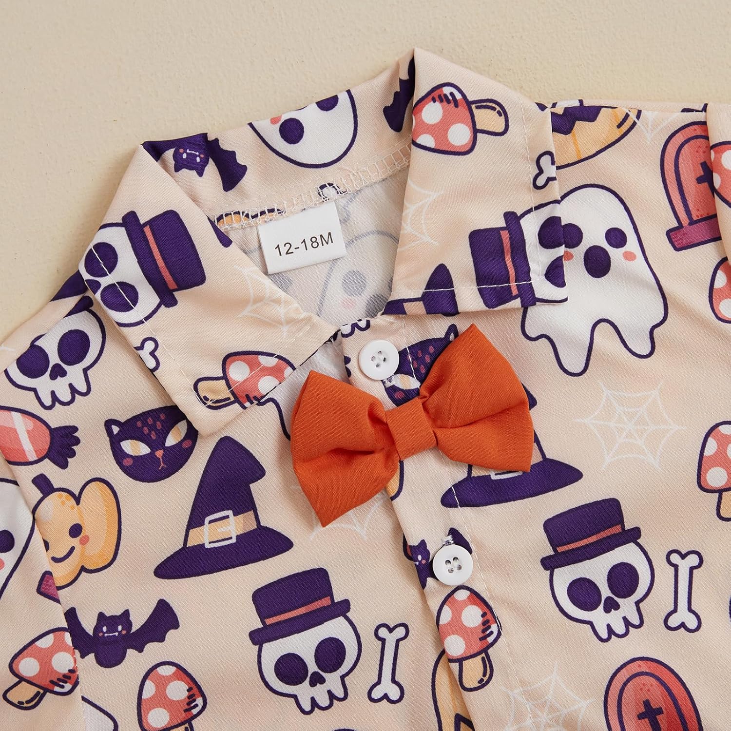 Rtnnsbbfcm Toddler Baby Boy Halloween Outfit Short Sleeve Bow Tie Pumpkin Ghost Button Down Shirt Top Shorts 2Pcs Set - Image 4