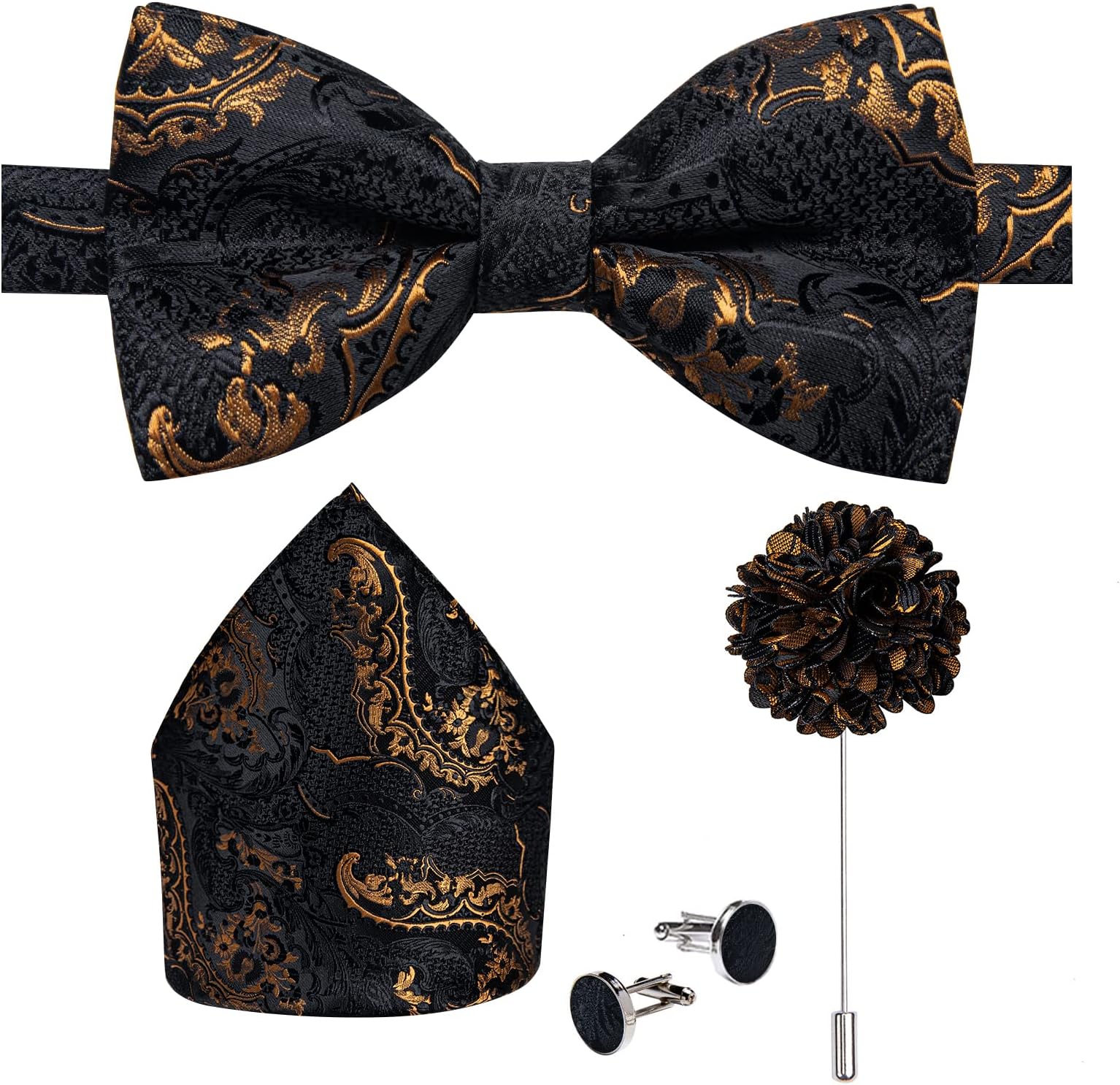 Pre-Tied Bow Ties for Men Silk Adjustable Tuxedo Bowties Pocket Square Cufflinks Set with Lapel Pin Jacquard Woven