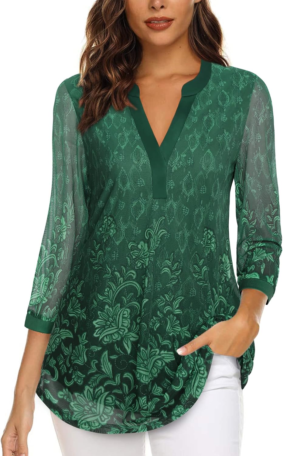 Vafoly Womens 3/4 Sleeve Top Henley V-Neck Double Layer Mesh Blouse Tunic