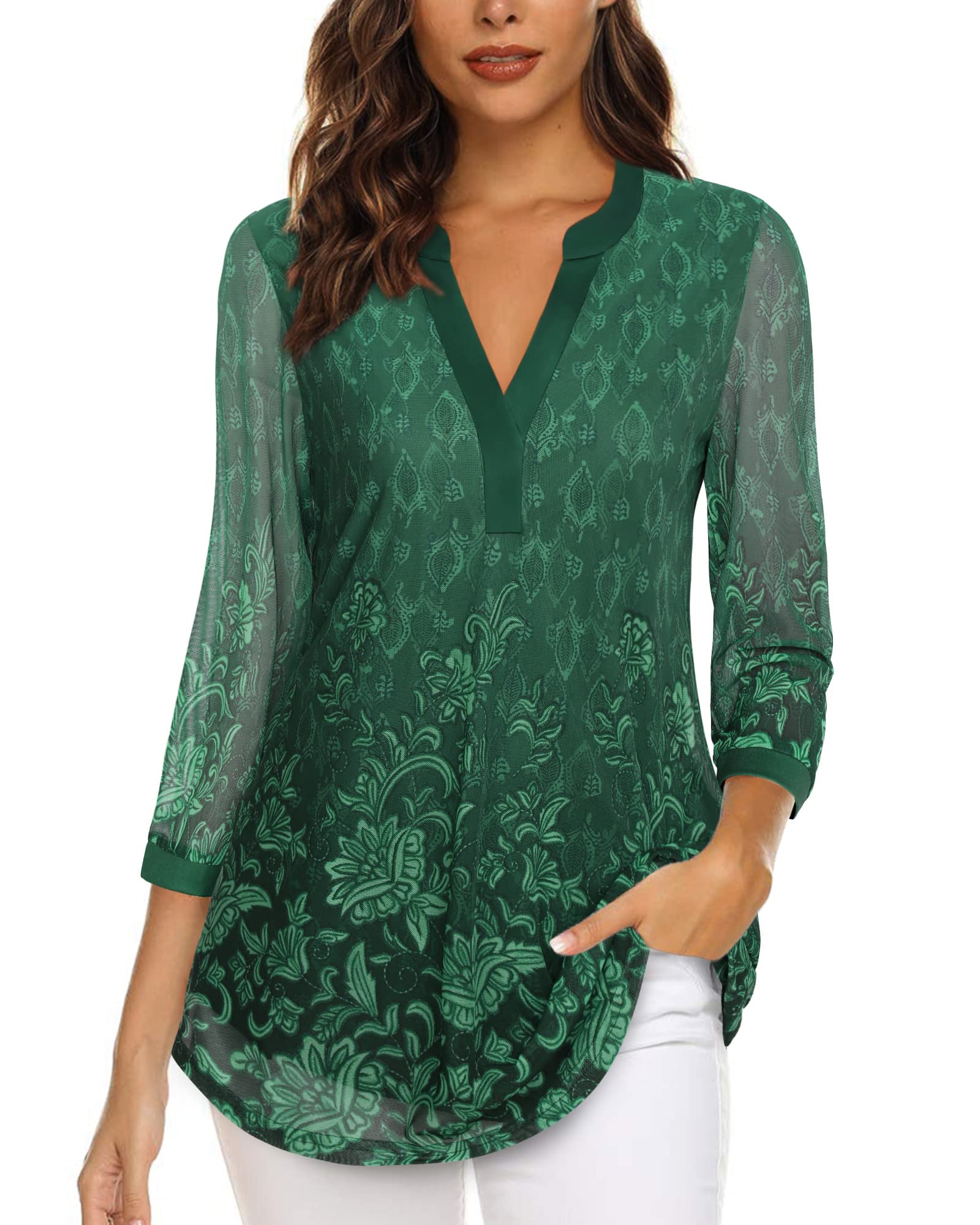 Vafoly Blusen für Frauen Business Casual 3/4 Ärmel Damen Tuniken Tops zu Tragen mit Leggings Frauen Kleidung Shirts Henley V-Ausschnitt Bluse Arbeit Büro Kleidung Multicolor Grün XL