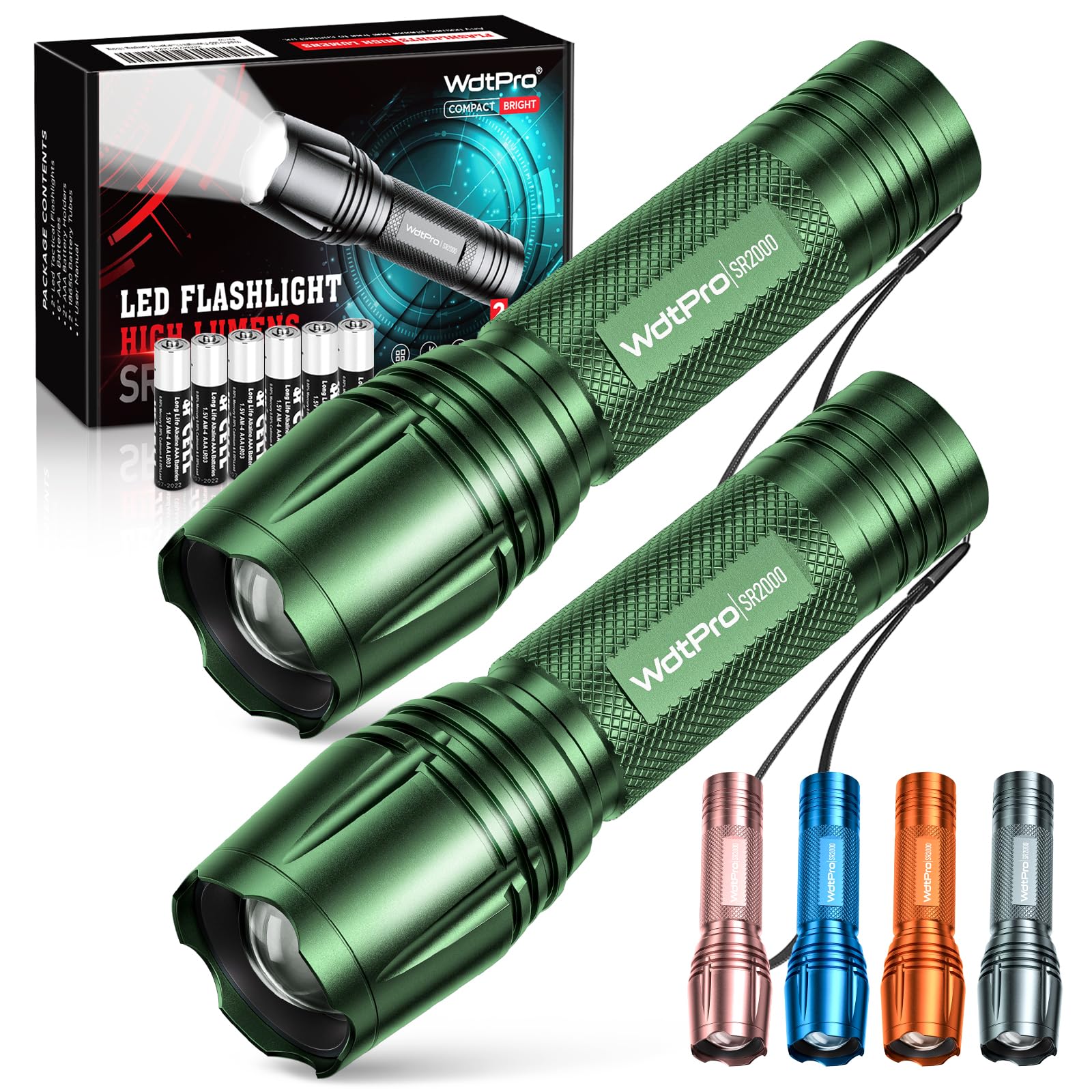 WdtPro LED Flashlight High Lumens SR2000 Pro, 2 Pack Brighter Tactical Flashlights with 5 Modes & Zoomable, Powerful Mini Flash Light for Emergency,