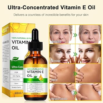 flasture Vitamin E Oil 75,000 IU 100% Pure Natural Vitamin E for Skin, Face, Hair, Scars Deep Moisturizing Body Oil for Dry Skin, Wrinkles Cold-Pressed, Non-GMO,Skincare 2 Fl Oz