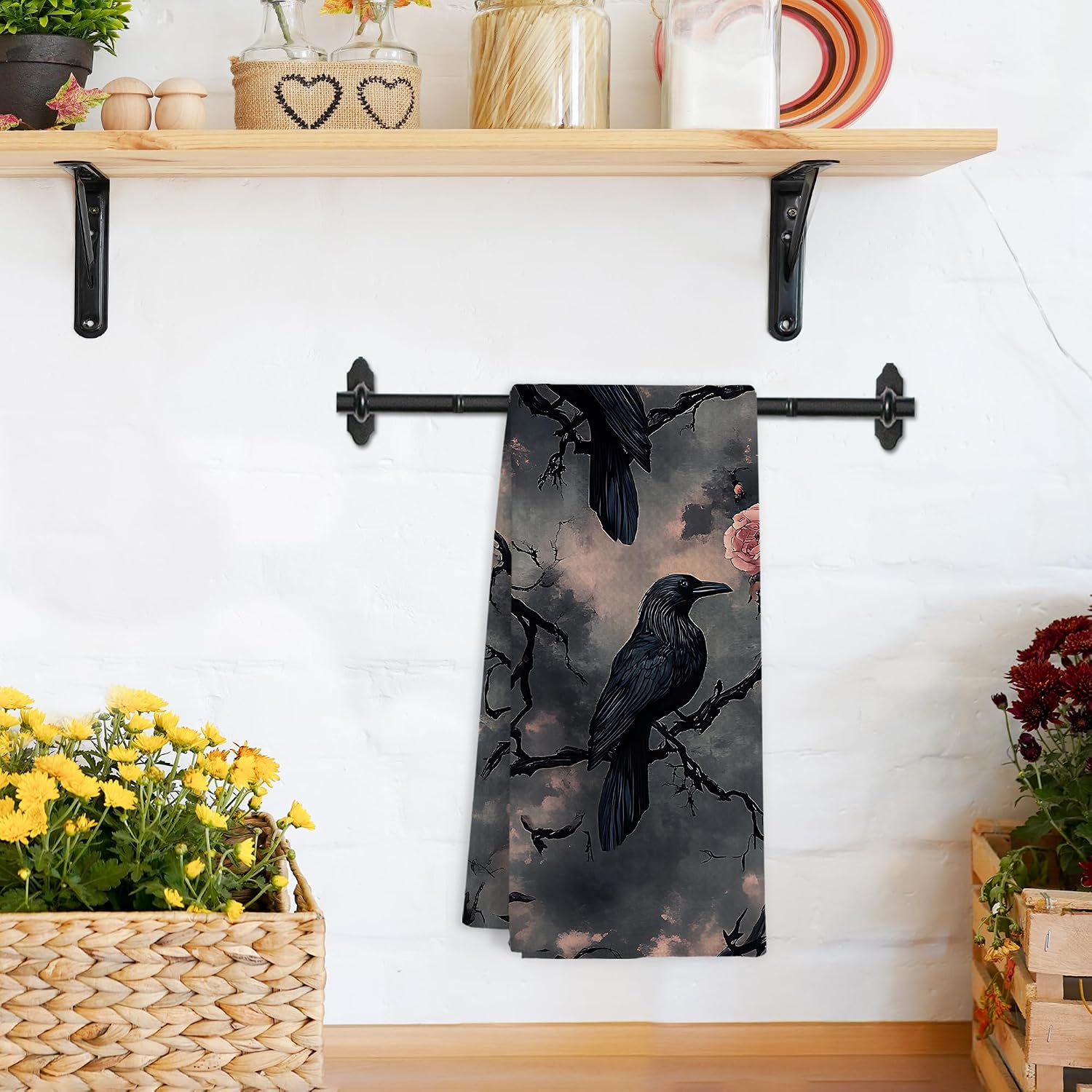 Dark Moody Raven Crow Kitchen Towels, Gothic Dark Academia Witchy Floral Hand Towels Decor, Vintage Aesthetic Pink Flower Rose Hand Dish Tea Towel for Kitchen Bathroom Decor, 16x24 Inch image 5