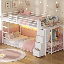 ADORNEVE Low Bunk Bed Twin Over Twin with Bookshelf, 4 Storage Drawers, Metal Kids Bunk Bed with Power Outlet & RGB Lights, Clothing Rack & Shelves, Safety Guardrail & Ladder, White