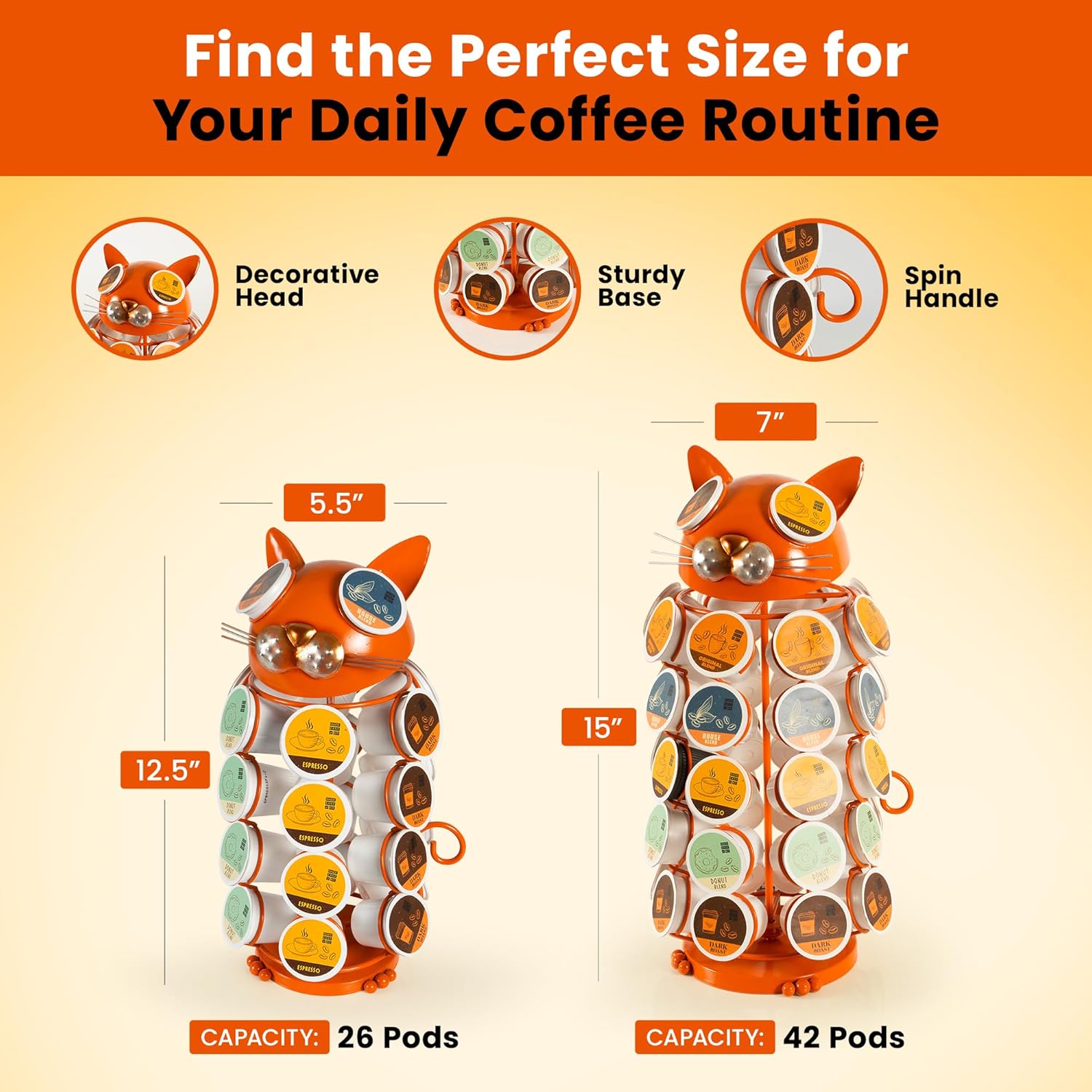 Made Easy Kit Carousel Coffee Pod Holder, Compatible with Keurig K-Pods K-Cups, Countertop Rack Storage Organizer, Metal Home and Kitchen Decor, Capsule Café Station Bar (Large, Orange Cat)