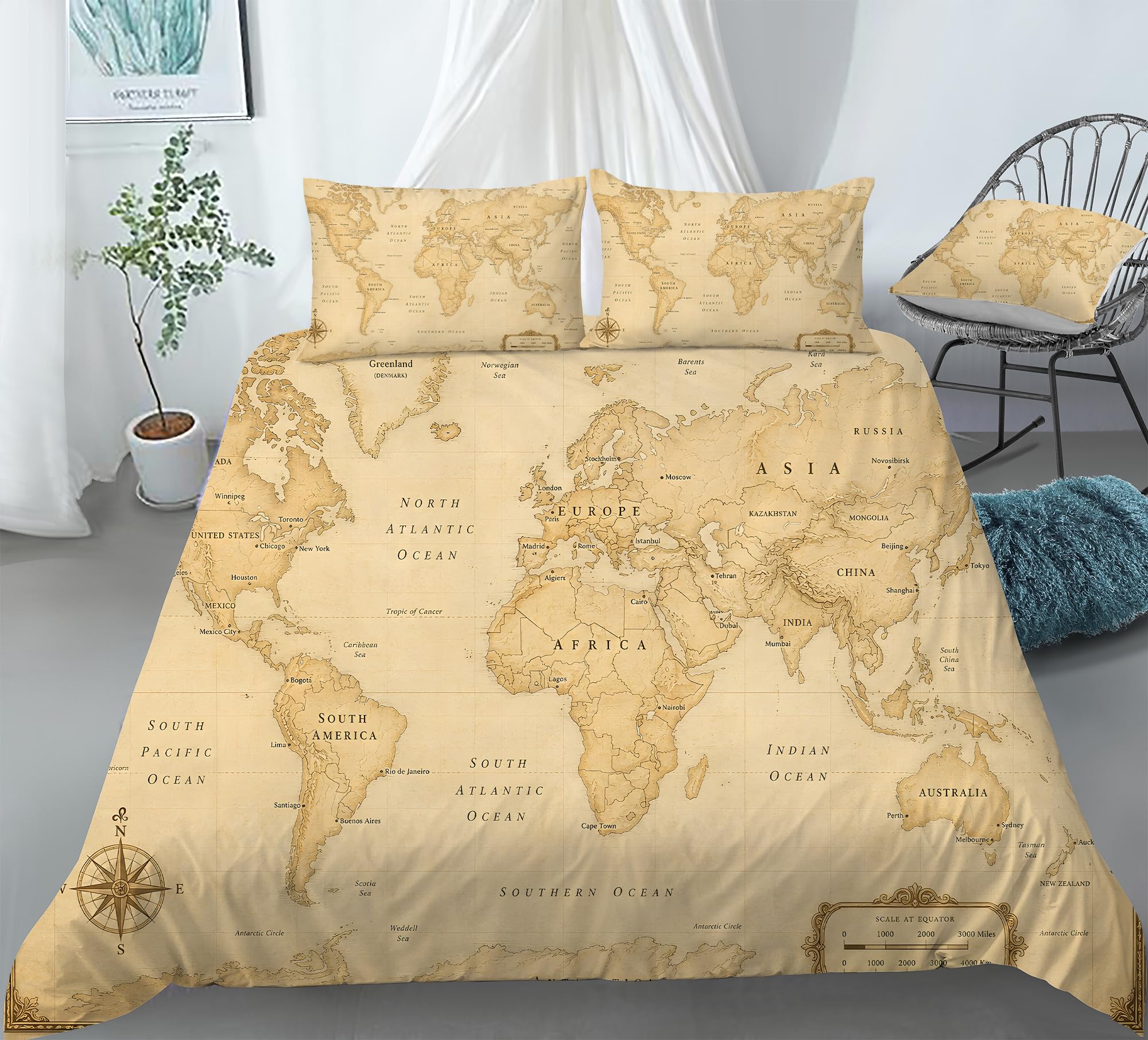 REALIN Set Biancheria Letto Mappa Del Mondo Copripiumino Rete Di Ordito E Trama Geografia 2/3/4PCS Copripiumini/Lenzuola/Federe,Singolo,Matrimoniale,King (Singolo-140x210cm-4PCS,G)
