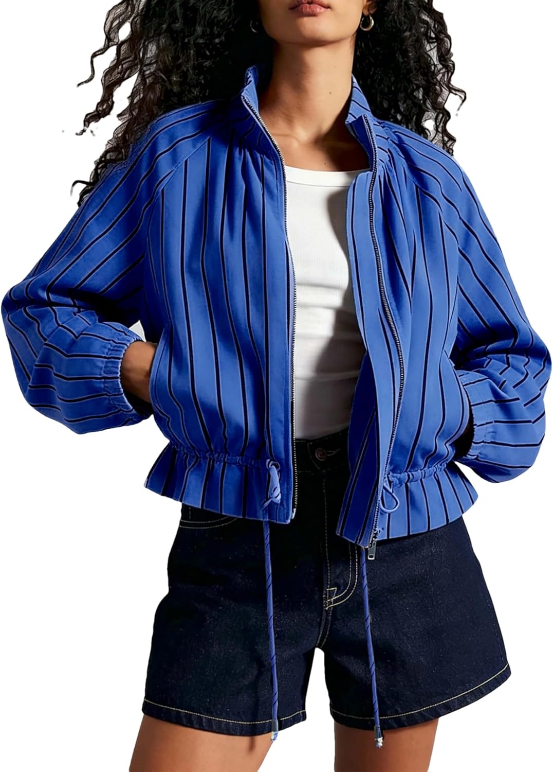 Womens Stripe Bomber Jacket Long Lantern Sleeve Lapel Drawstring Waist Zip Casual Ruffle Hem Shacket with Pocket