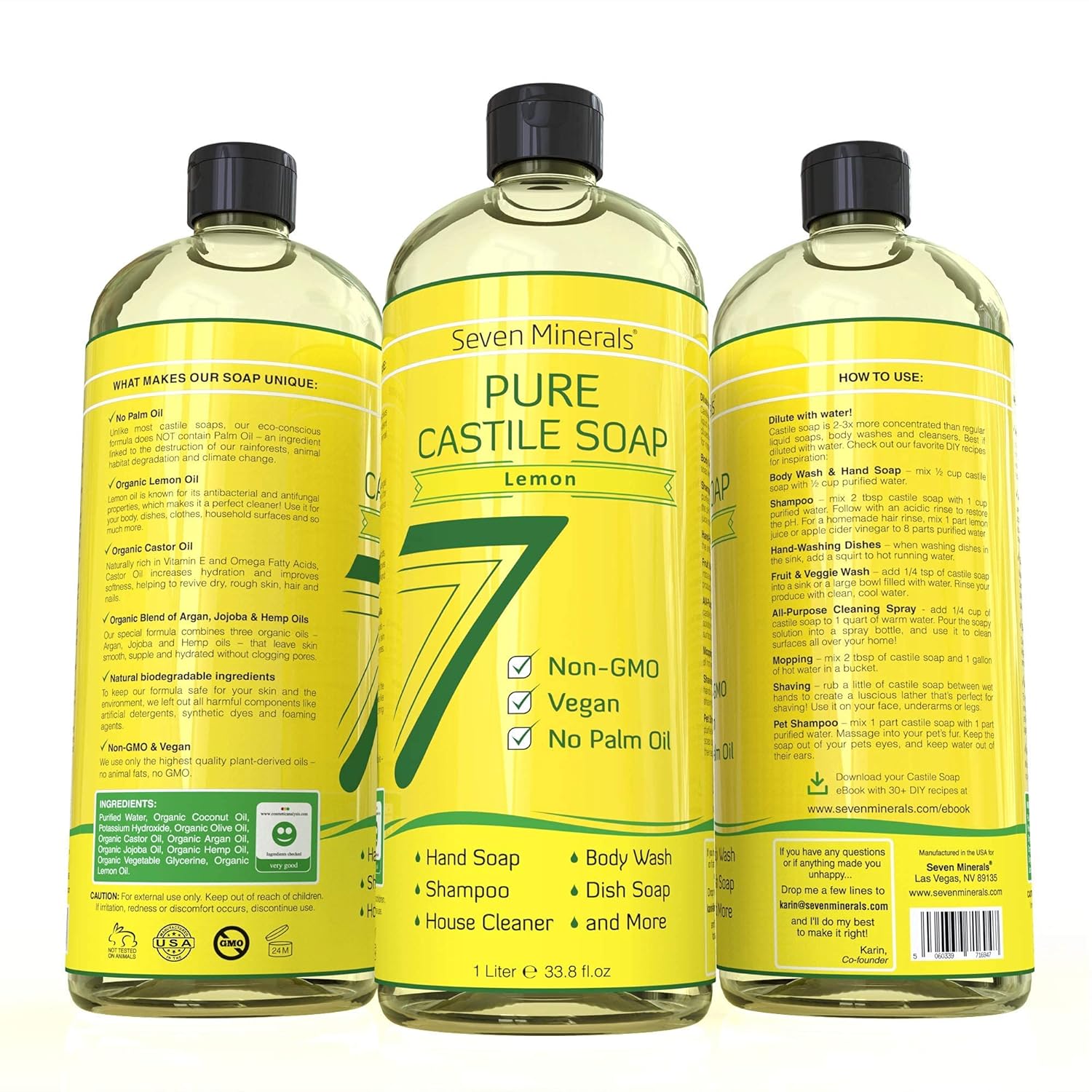 Seven Minerals EWG Verified Unscented Castile Soap (1 Gallon) & Pure Lemon Castile Soap (33.8 fl oz)