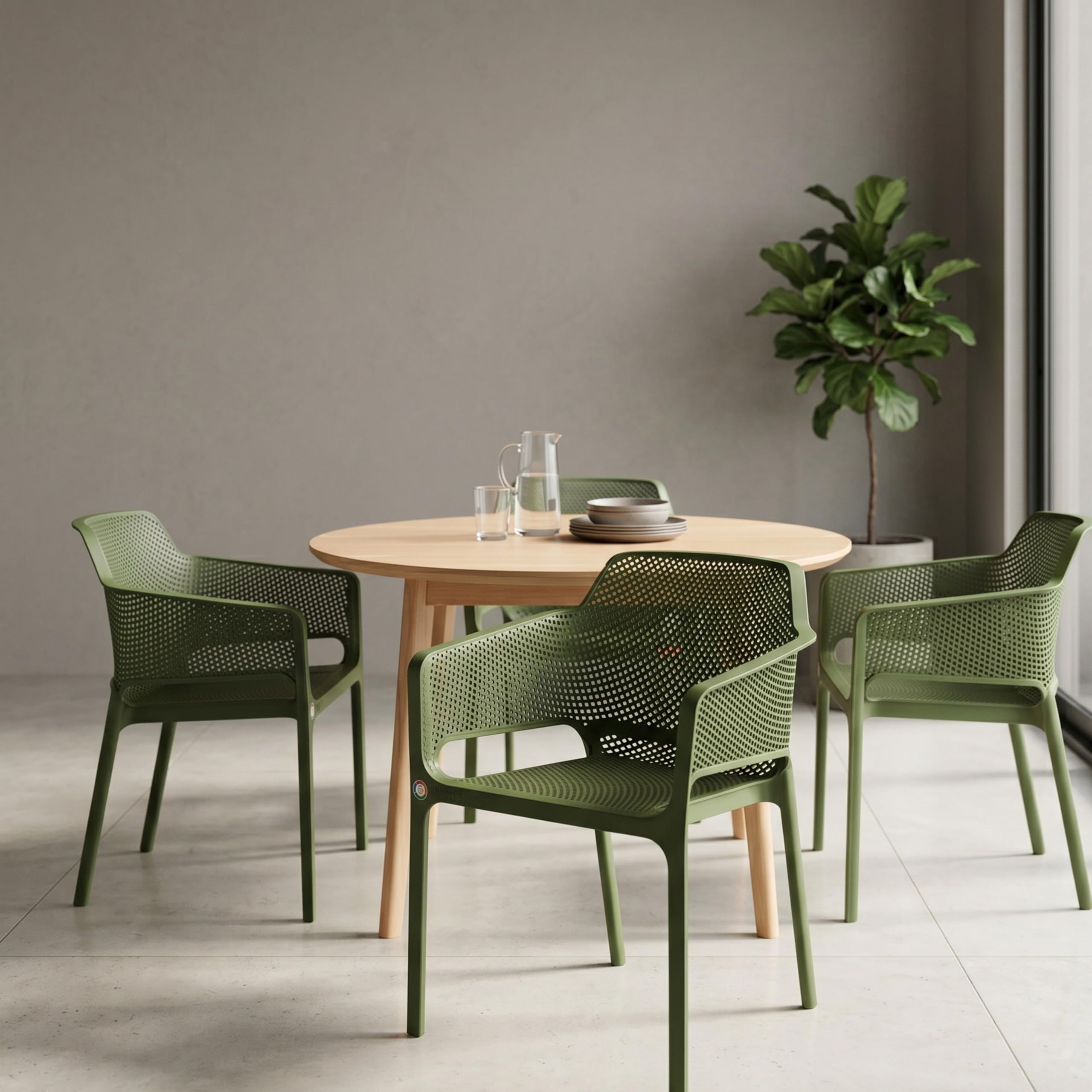 Oaknest Maple Premium Modern Plastic Arm Chair with Ventilated Mesh Back | Ergonomic Seating for Home, Office, Garden & Balcony (Olive Green, Set of 4)-image-49