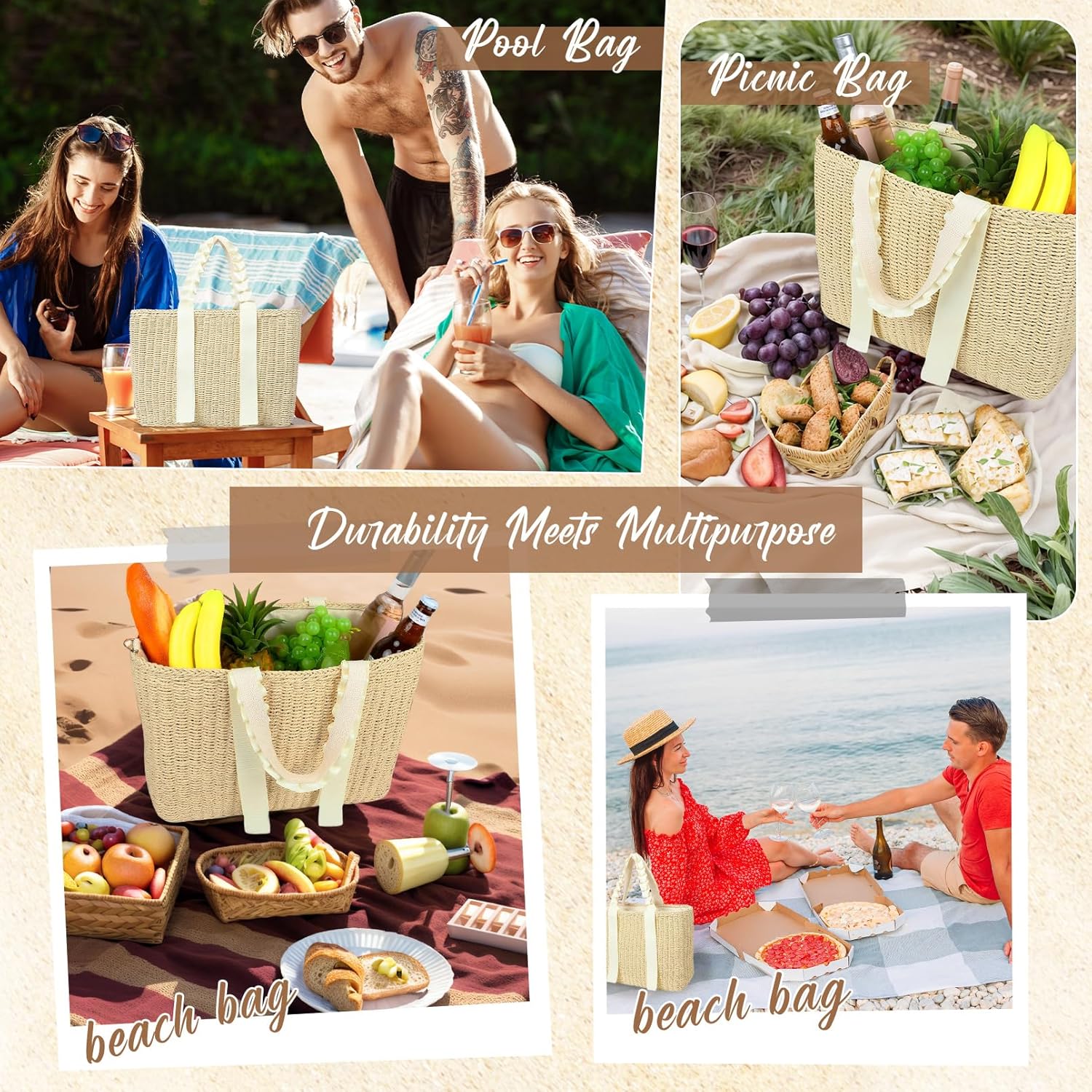 14L Large Insulated Beach Cooler Bag with Removable Liner, Natural Corn Husk Straw Travel Tote for Women, Picnic Lunch Bag, Bride Wedding Gift - Image 7