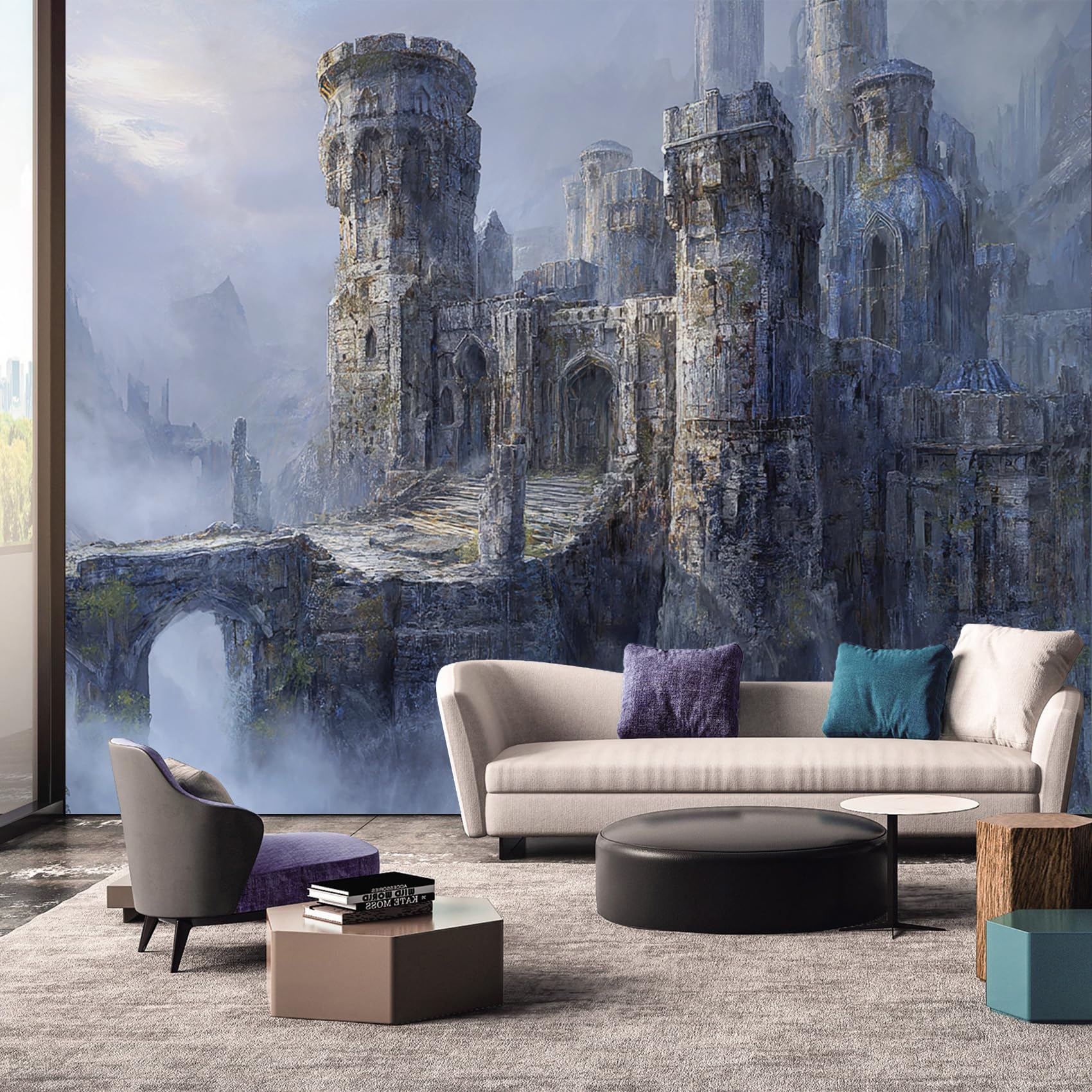 Fantasy Wallpaper, Vintage 3D Castle Wallpaper Murals, Fantasy Room Decor Wall Art for Bedroom Kitchen Living Room 260L x 175W cm